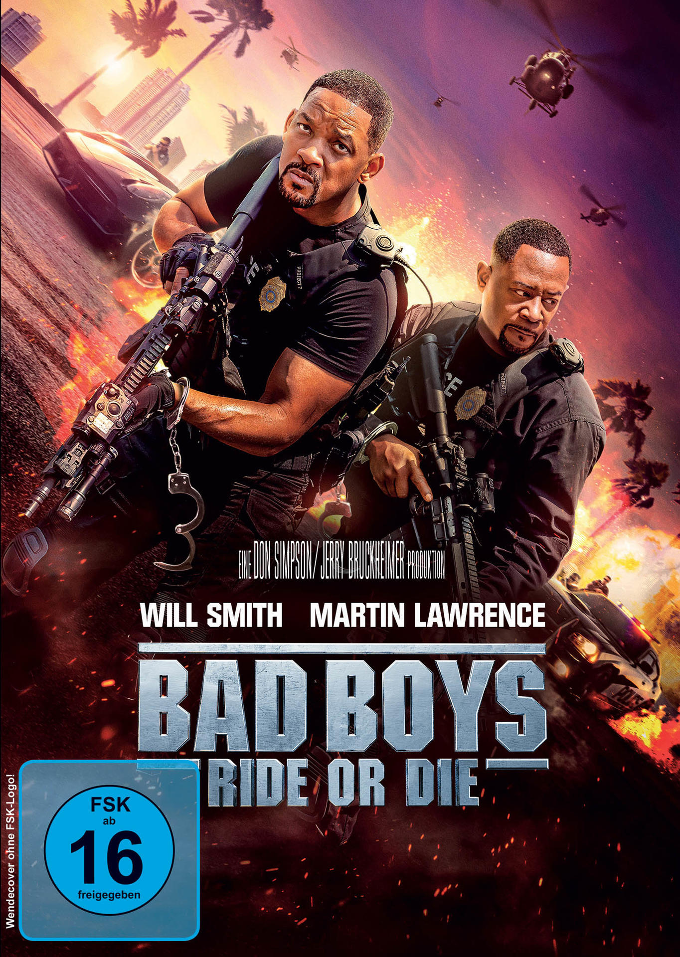 Filmplakat von Bad Boys. Will Smith und Martin Lawrence halten Waffen. Hubschrauber im Hintergrund, Stadtlandschaft.