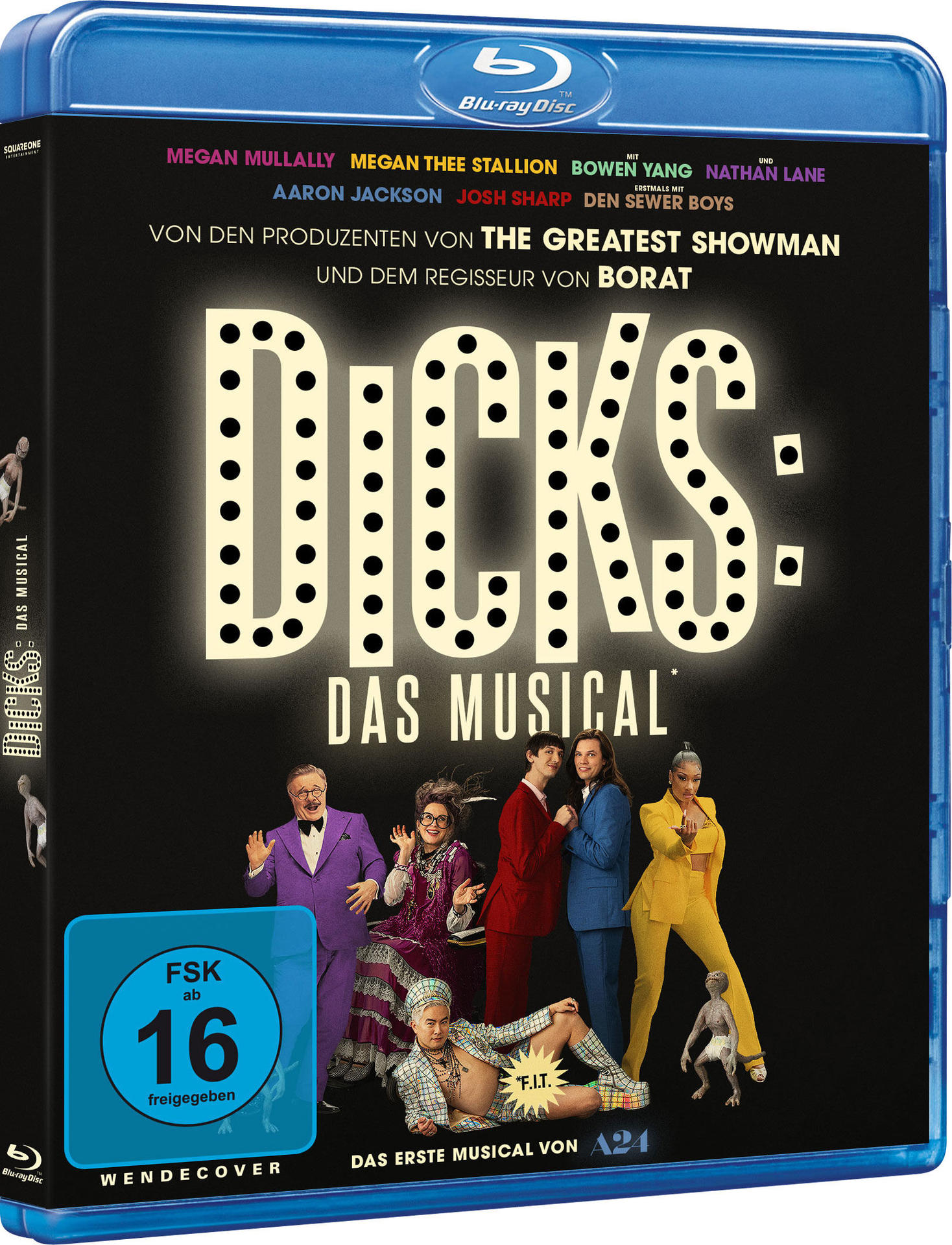 Blu-ray Disc-Cover für ein Musical mit dem Titel 'Dicks: The Musical'. Enthält eine Besetzung von Darstellern.