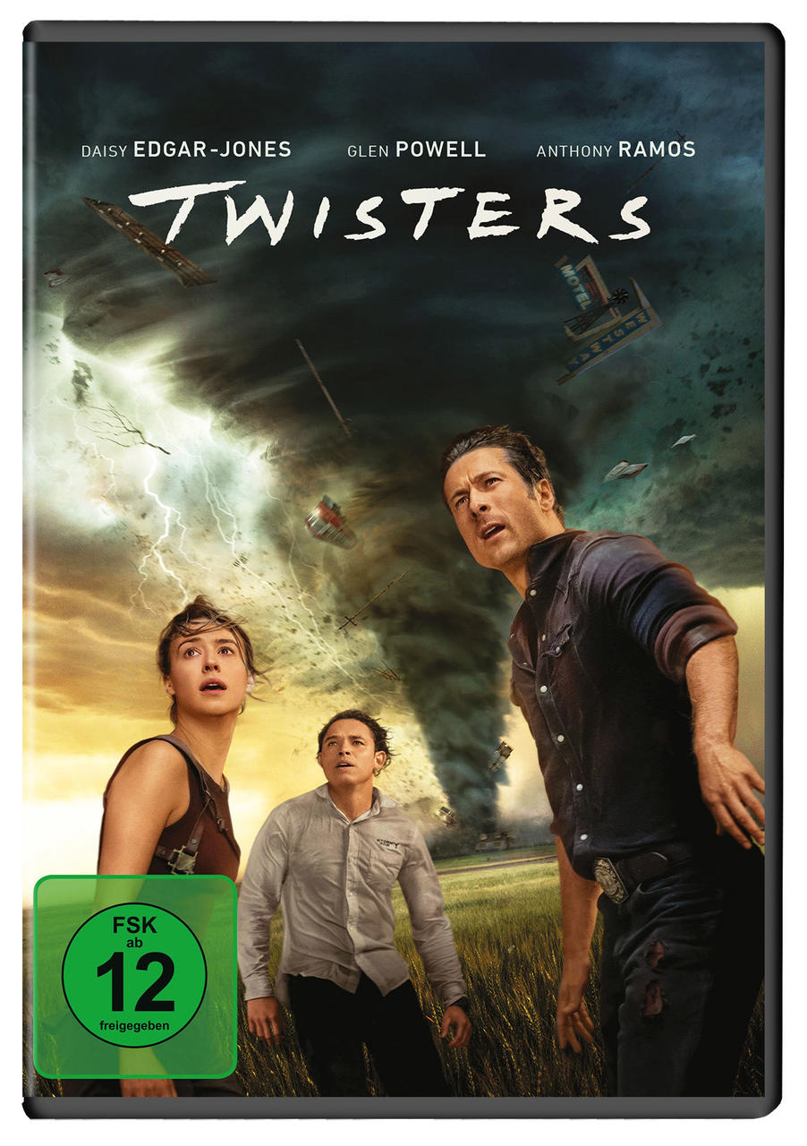 DVD-Cover 'Twisters' mit Schauspielern und einem Tornado im Hintergrund. Grüner Kreis und Text unten links.