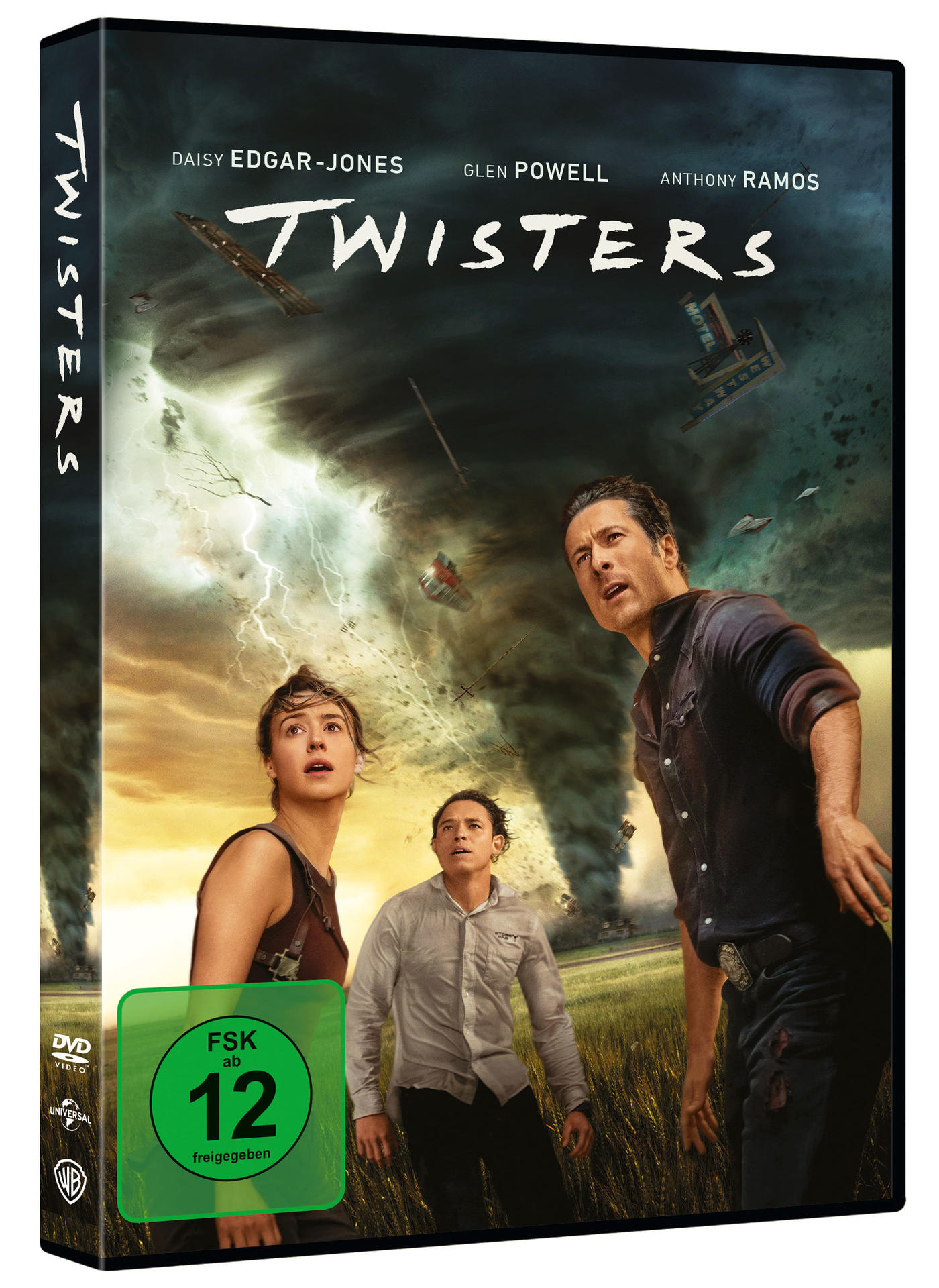 DVD-Hülle des Films, die drei Personen zeigt, die einen Tornado ansehen.