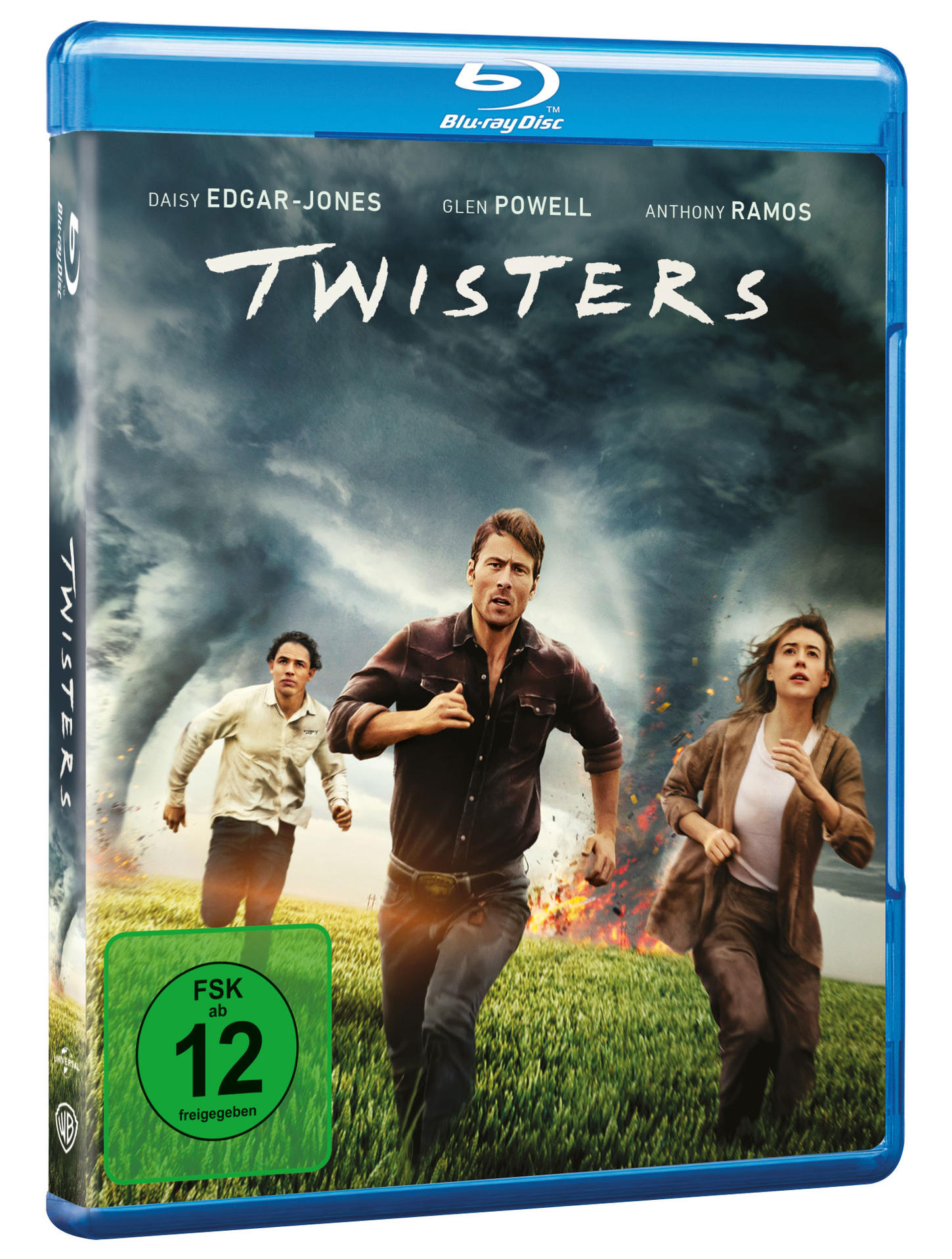 Blu-ray-Filmhülle mit drei Personen, die vor einem Tornado fliehen.