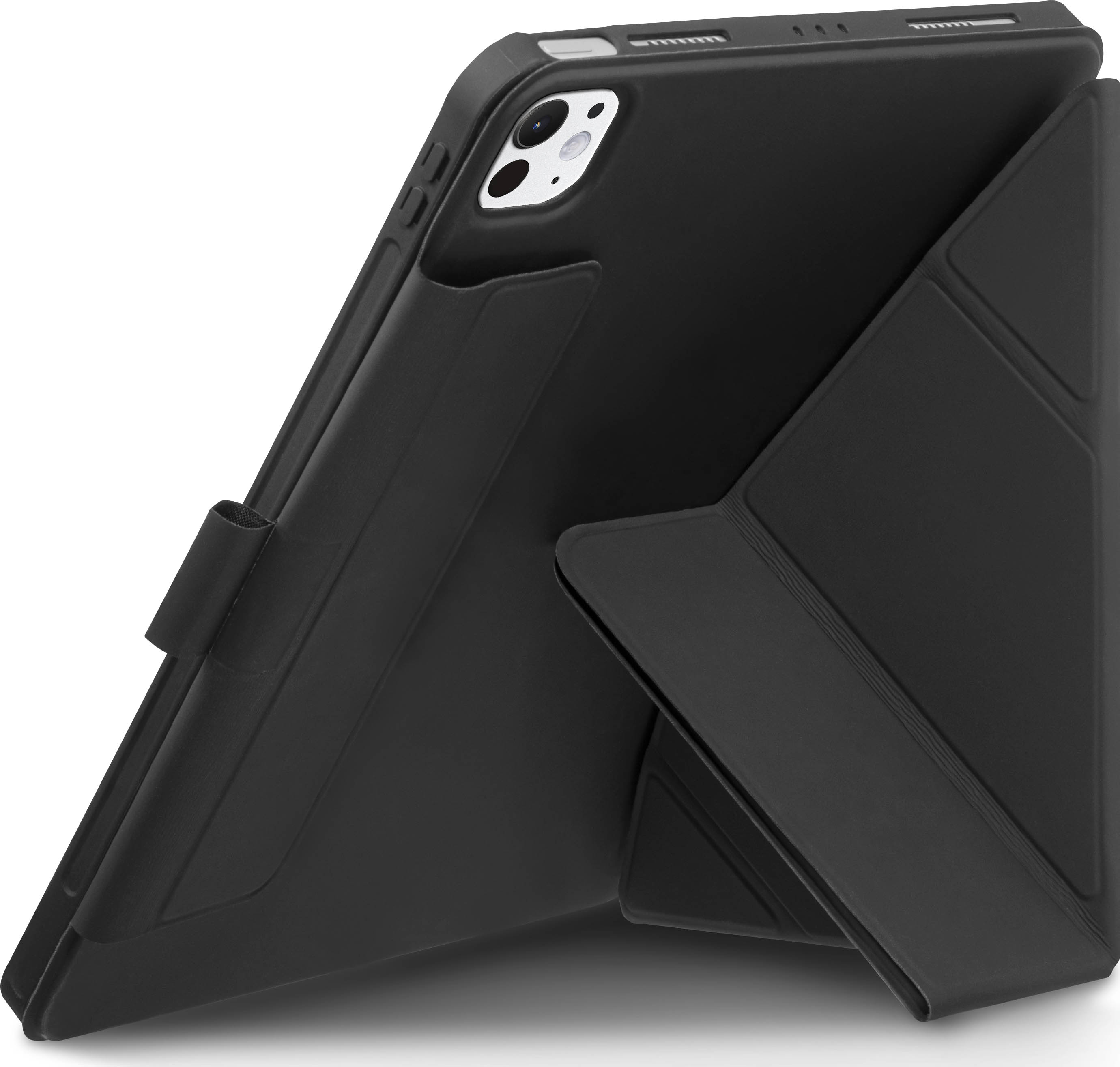 Schwarzes Tablet in einer schwarzen Hülle. Die Hülle ist gefaltet, um das Tablet zum Betrachten aufzustellen.