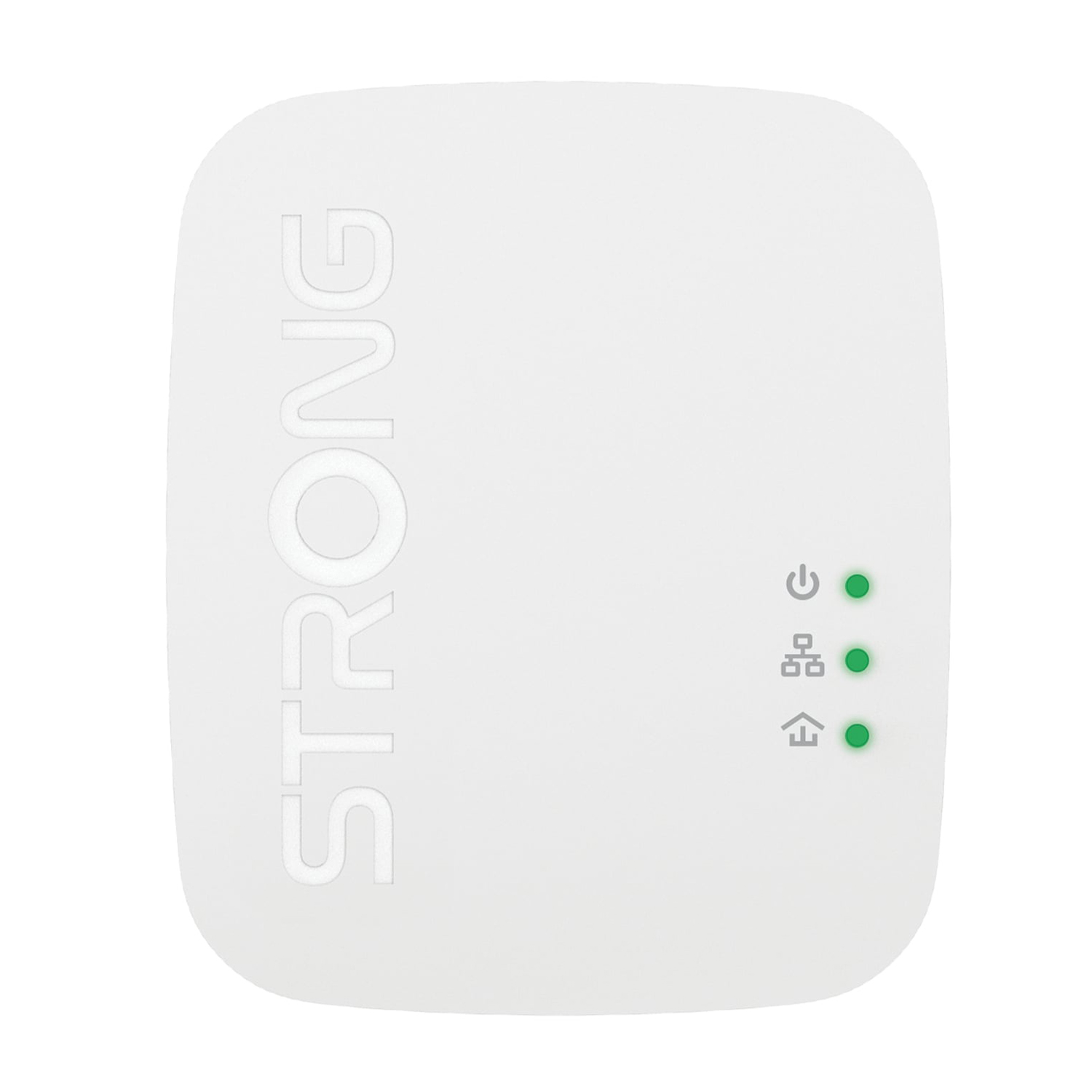 Adattatore powerline bianco con tre luci verdi e la parola 'STRONG'.