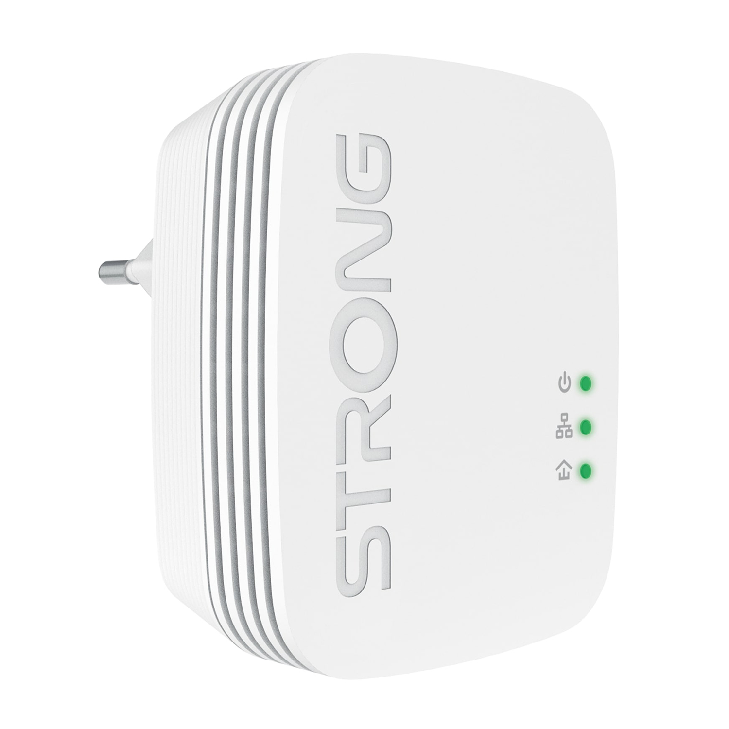 Adattatore powerline bianco con la scritta STRONG e tre luci verdi.