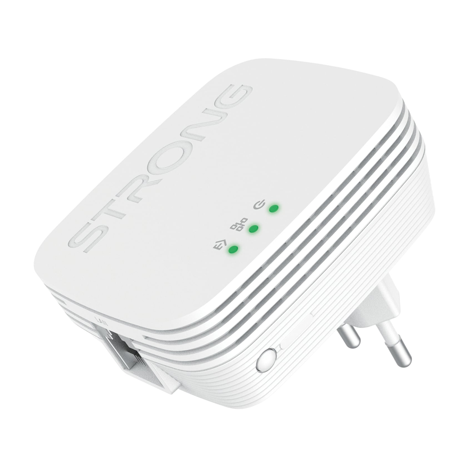 Adattatore di rete bianco con spina, porta LAN e spie verdi.