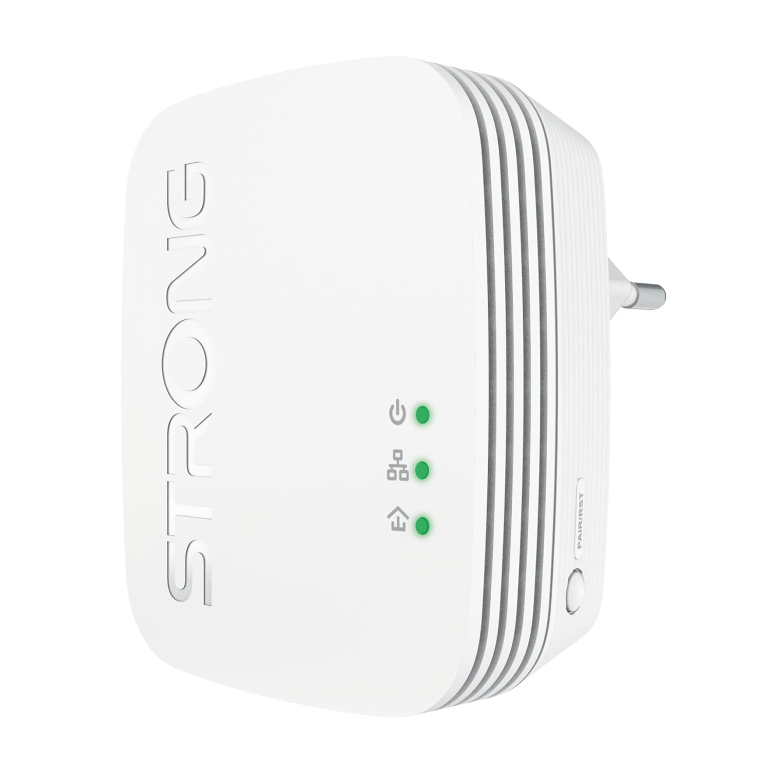 Adattatore powerline bianco con tre spie verdi e una spina.