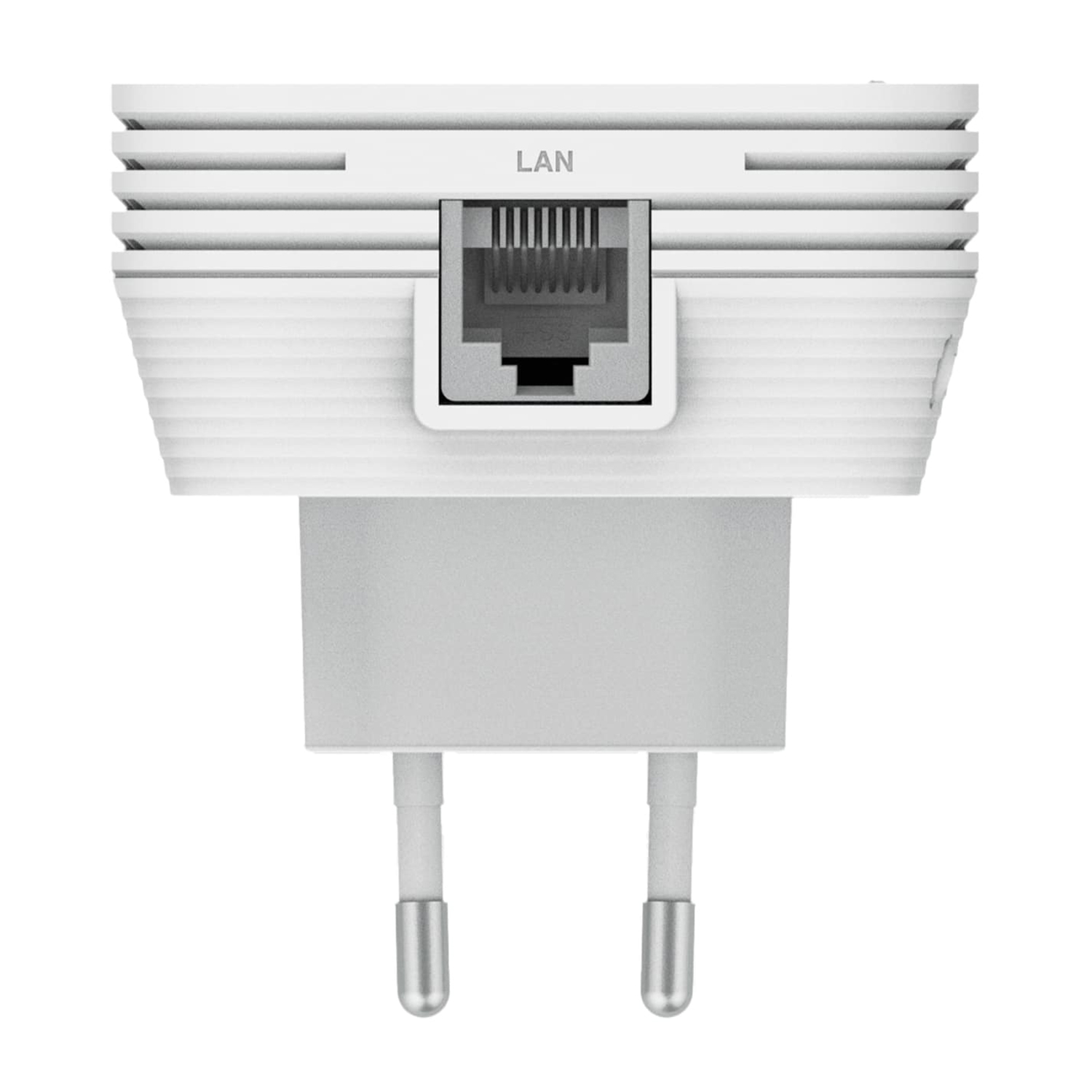 Ripetitore WiFi bianco con porta LAN. Ha una spina per una presa di corrente.