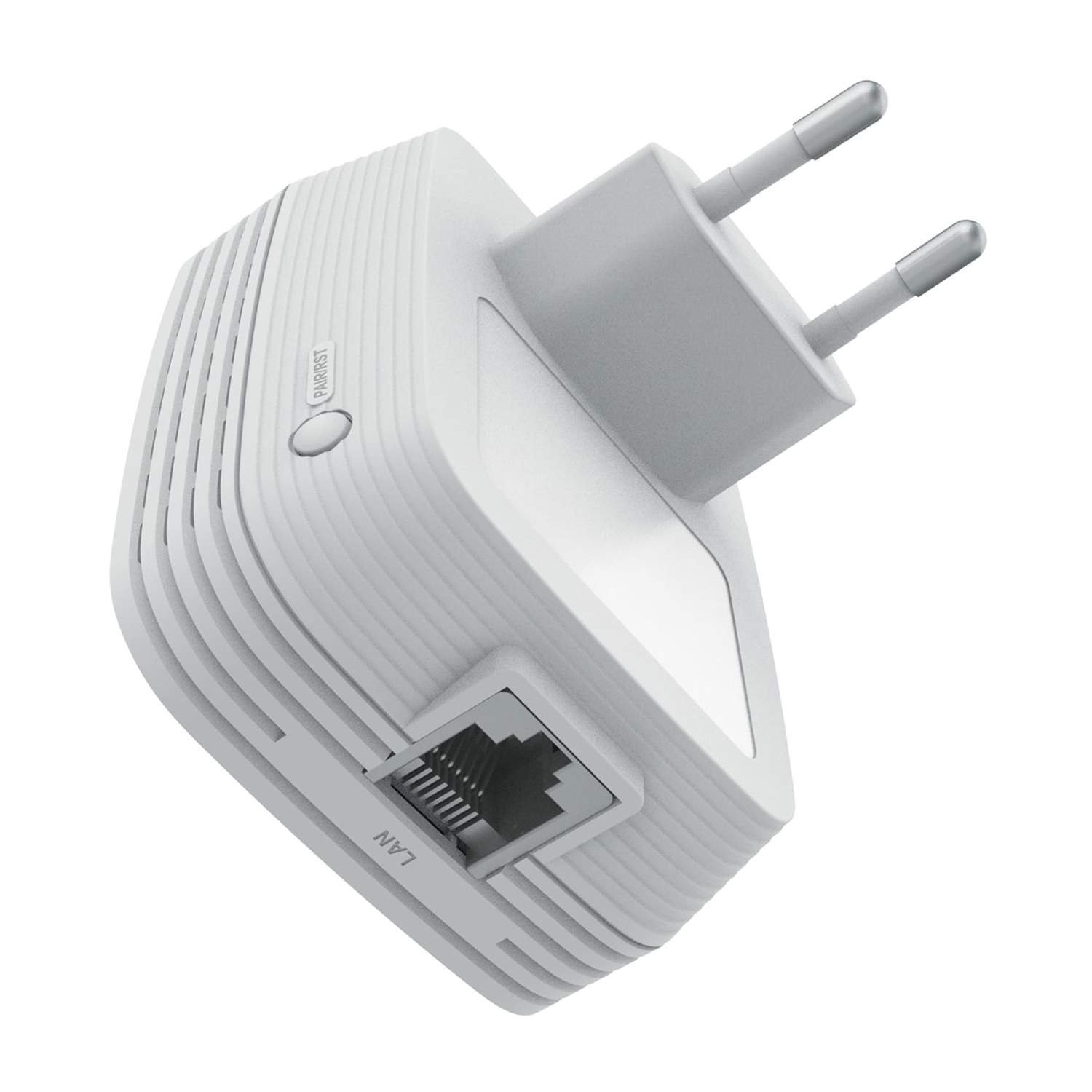 Un adattatore powerline bianco con porta LAN e spina.