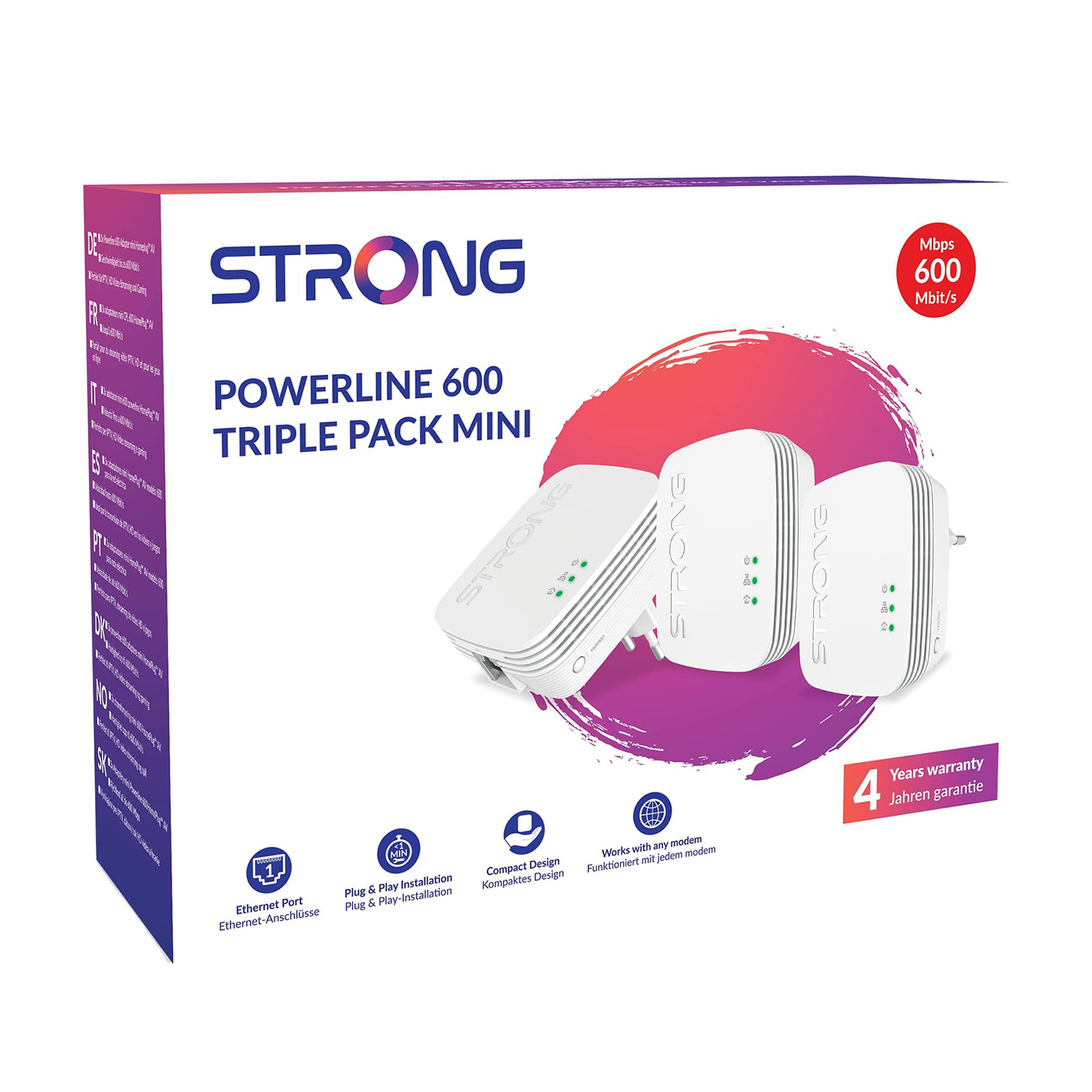 Scatola Strong Powerline 600 Triple Pack Mini. Include tre adattatori.