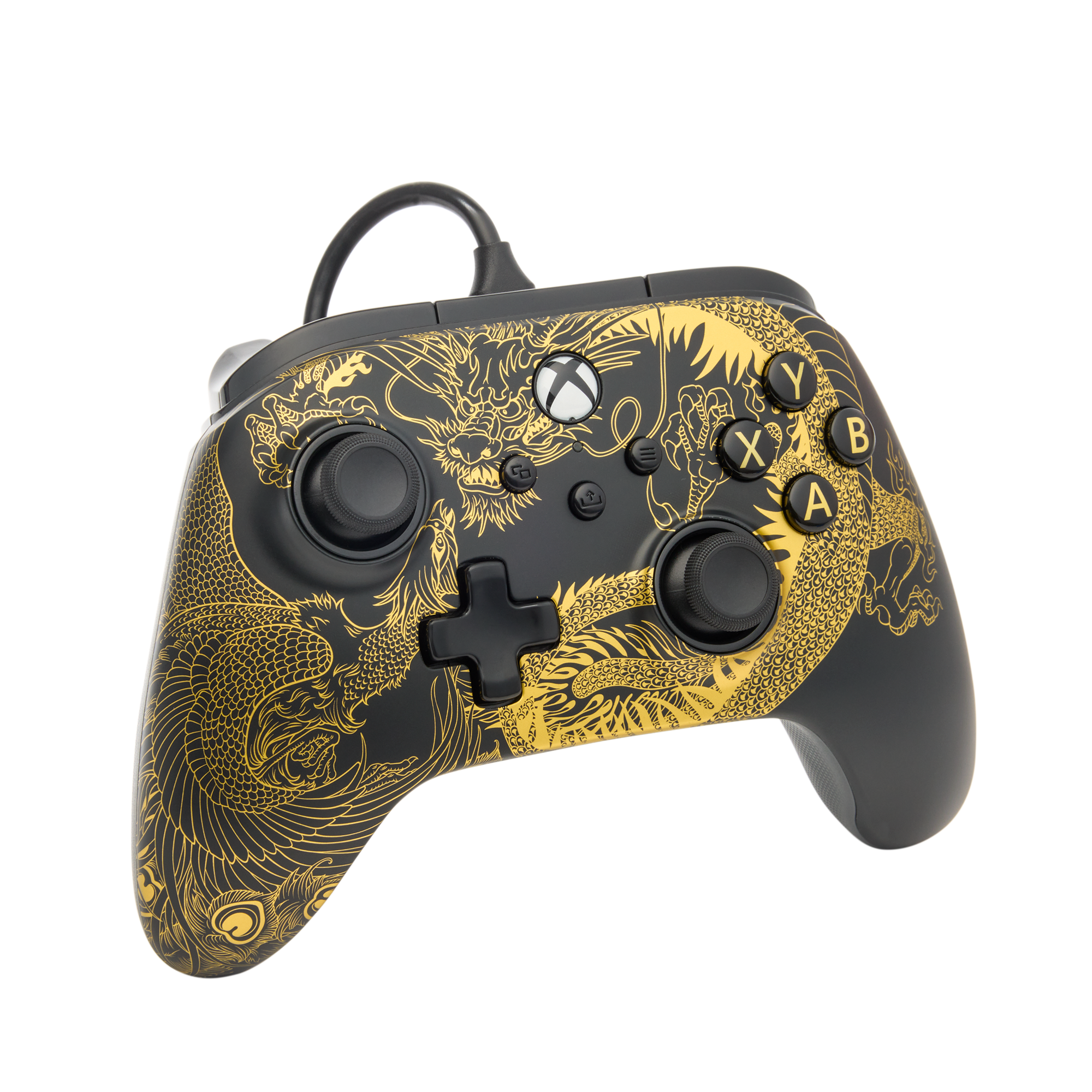 Ein schwarzer und goldener Xbox-Controller mit Drachendesign.