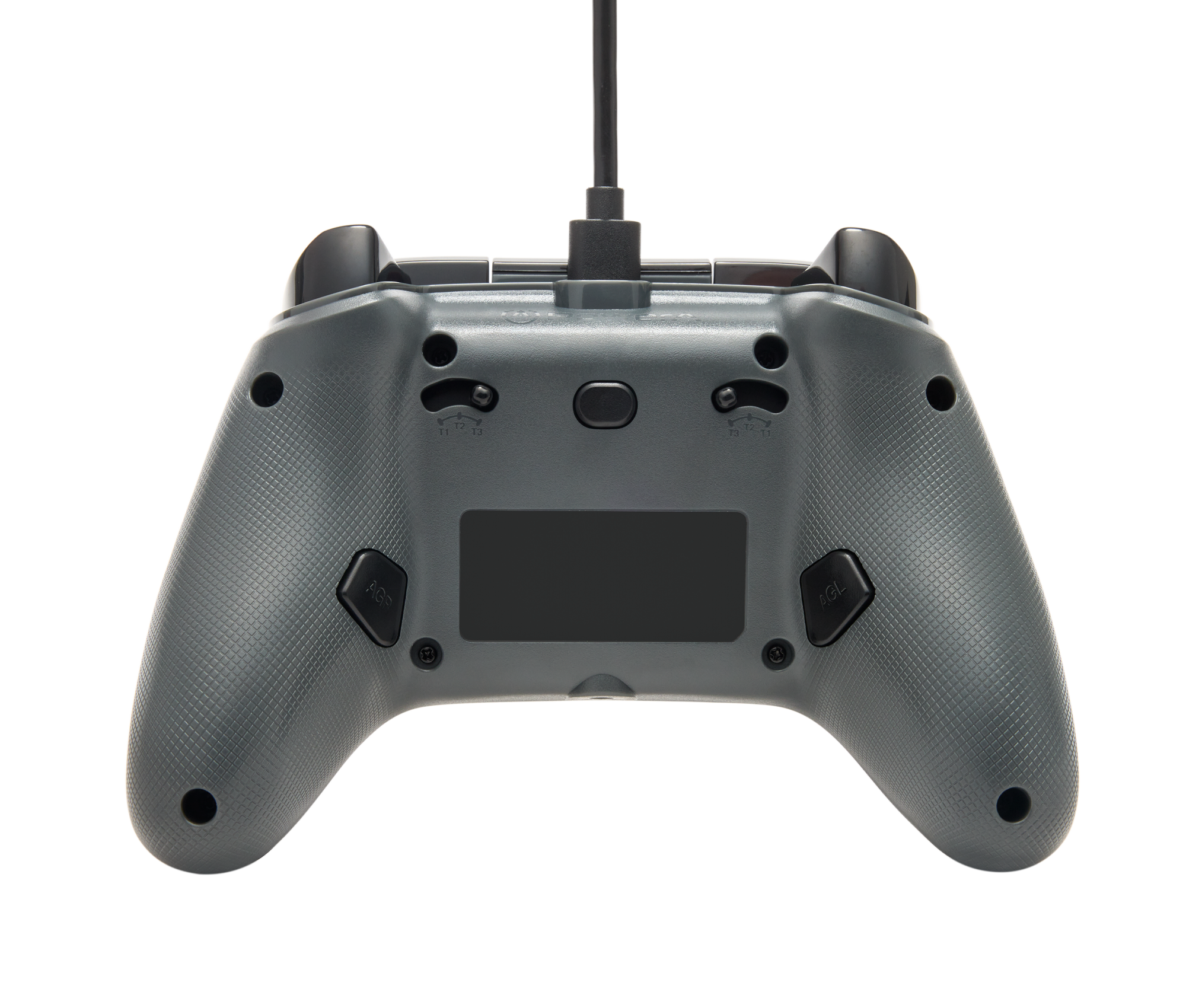 Grauer Gamecontroller, Rückansicht, mit Tasten und Ladeanschluss.