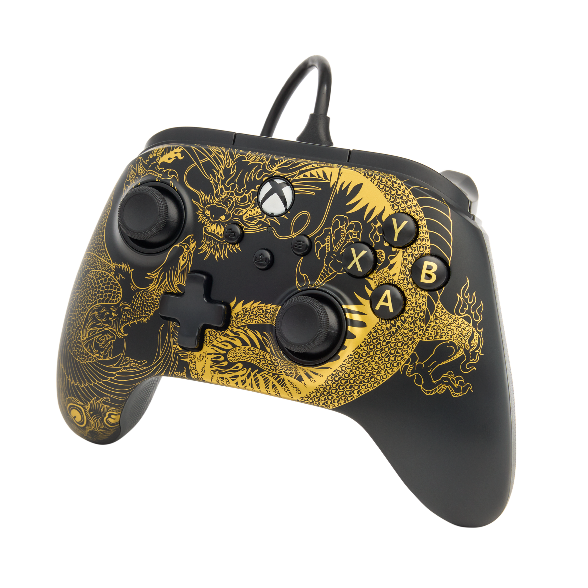 Xbox-Controller mit Drachendesign. Schwarz mit goldenen Details. Mit den Knöpfen.