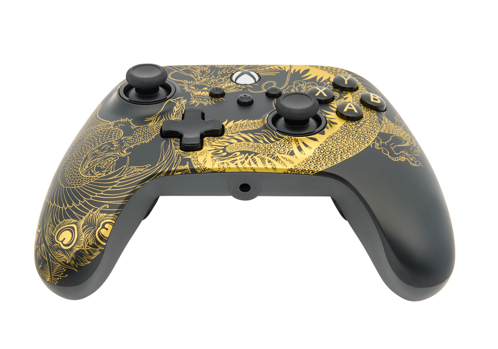 Schwarzer Xbox-Controller mit goldenem Drachendesign. Tasten und Sticks sind schwarz, mit goldenen Akzenten.