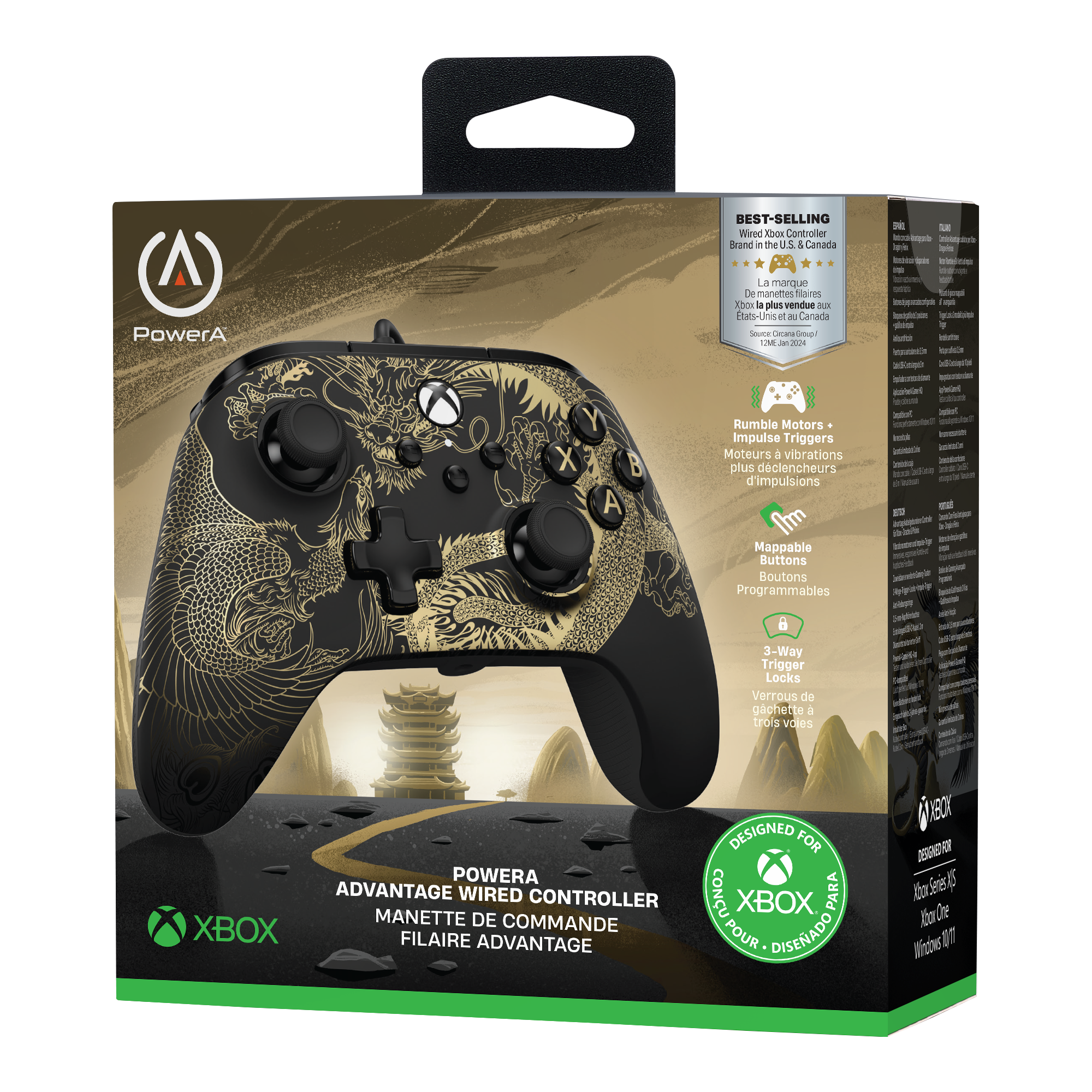 Schwarzer Xbox-Controller mit goldenem Drachendesign, in einer schwarzen Box mit Branding und Produktinformationen.