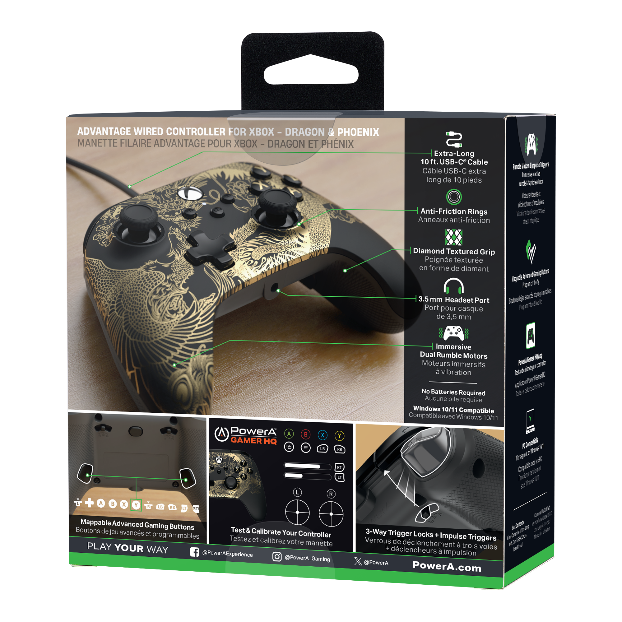 Box mit einem schwarz-goldenen Gamecontroller, Funktionen aufgelistet.