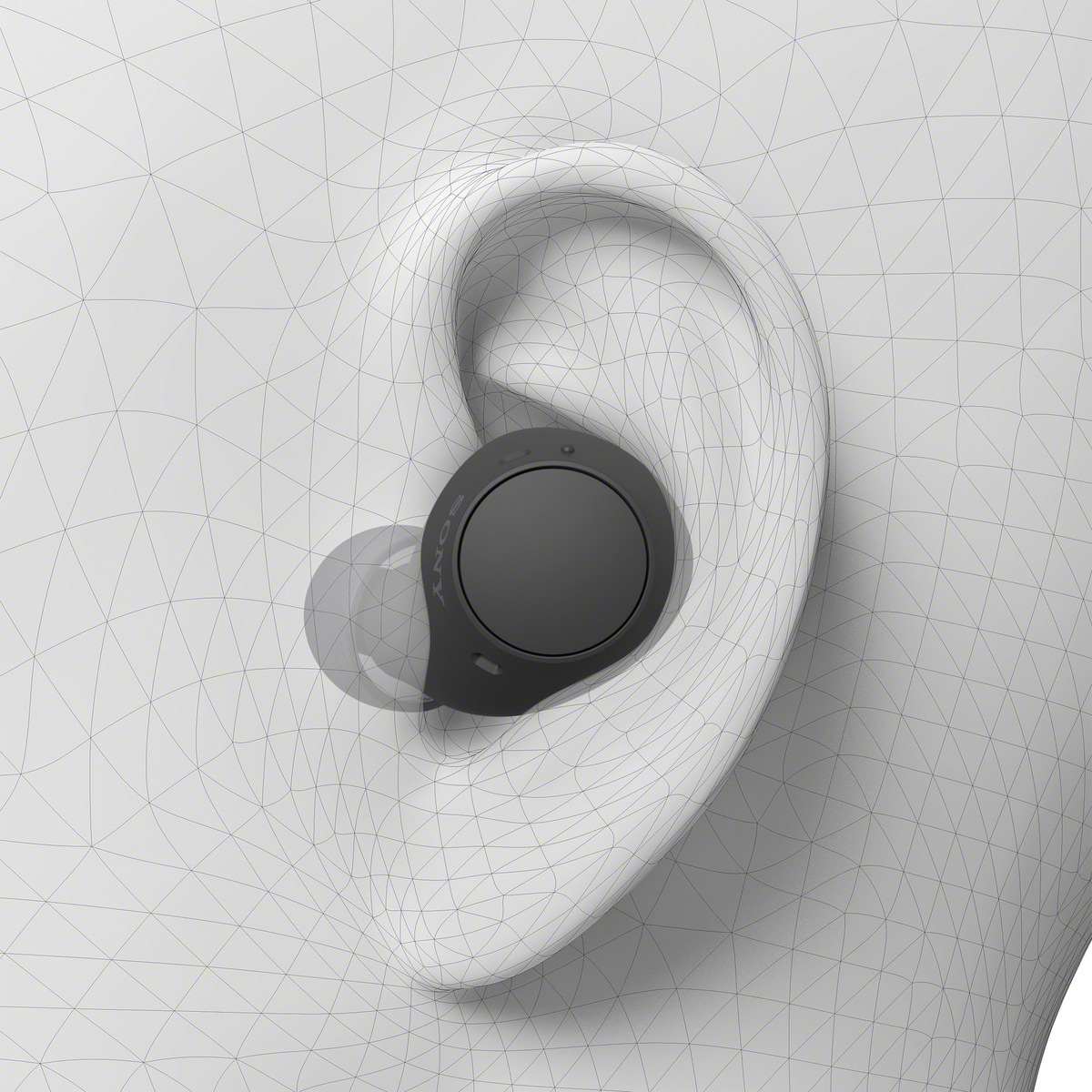 Słuchawka w uchu, czarna z szarym konturem ucha. Logo Sony widoczne na słuchawce.