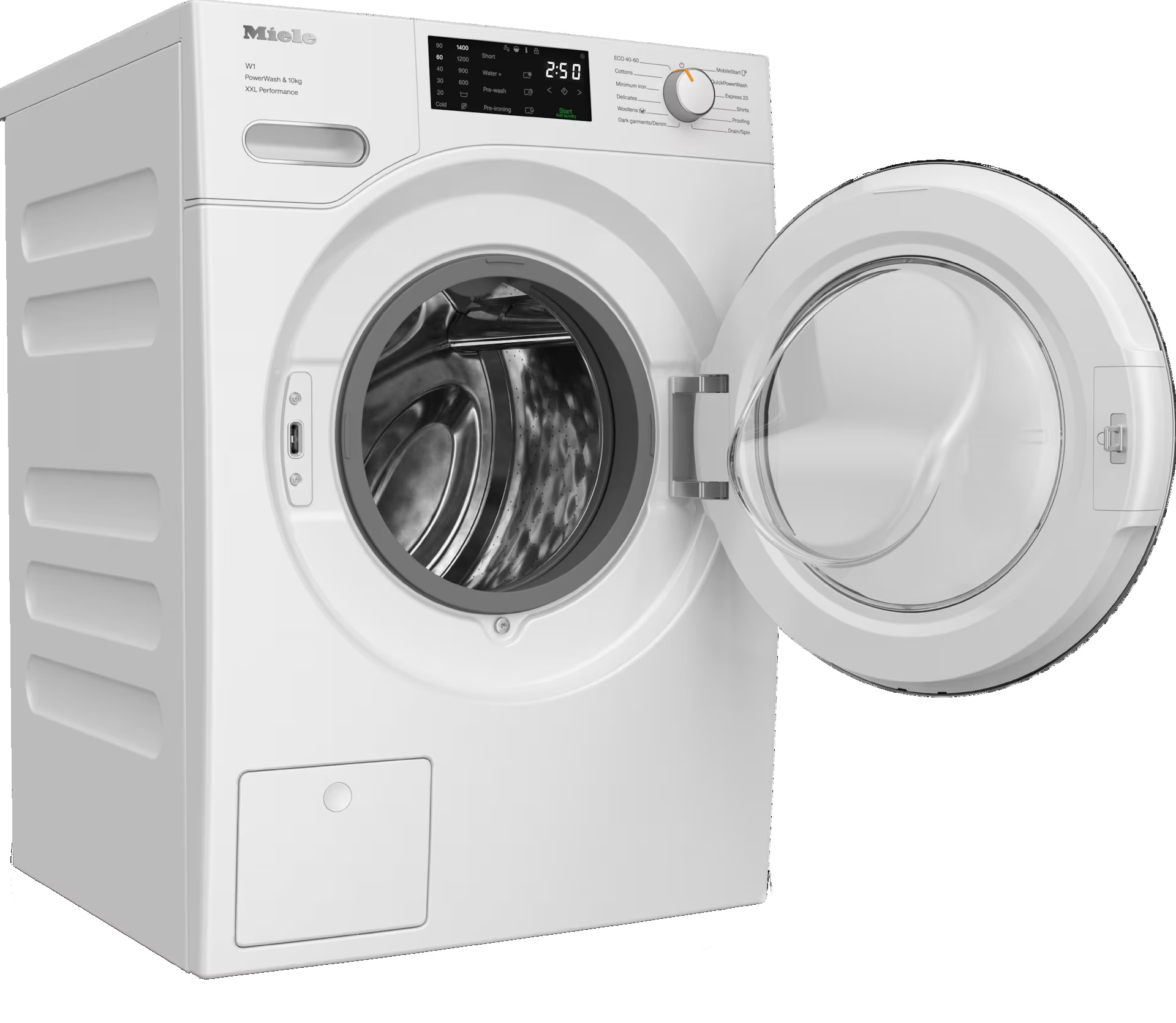 Açık kapılı beyaz çamaşır makinesi. Dijital ekran ve kontrol paneli görünür.