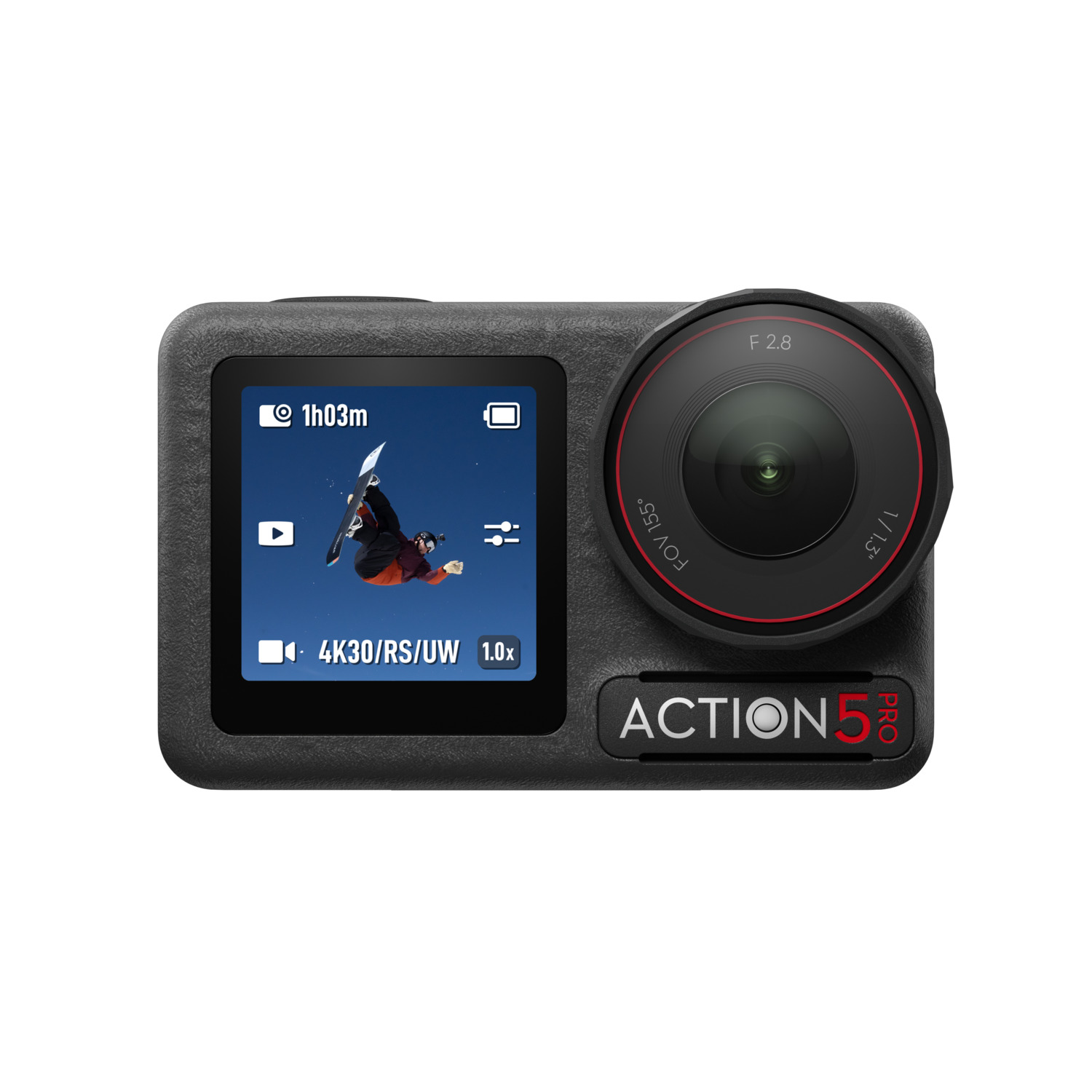 Black action camera with a lens and a small screen showing a skier. Text Action 5 Pro.