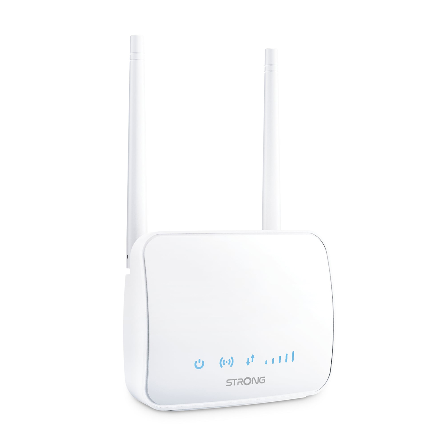 Router Strong bianco con due antenne. Ha luci blu e la scritta STRONG.