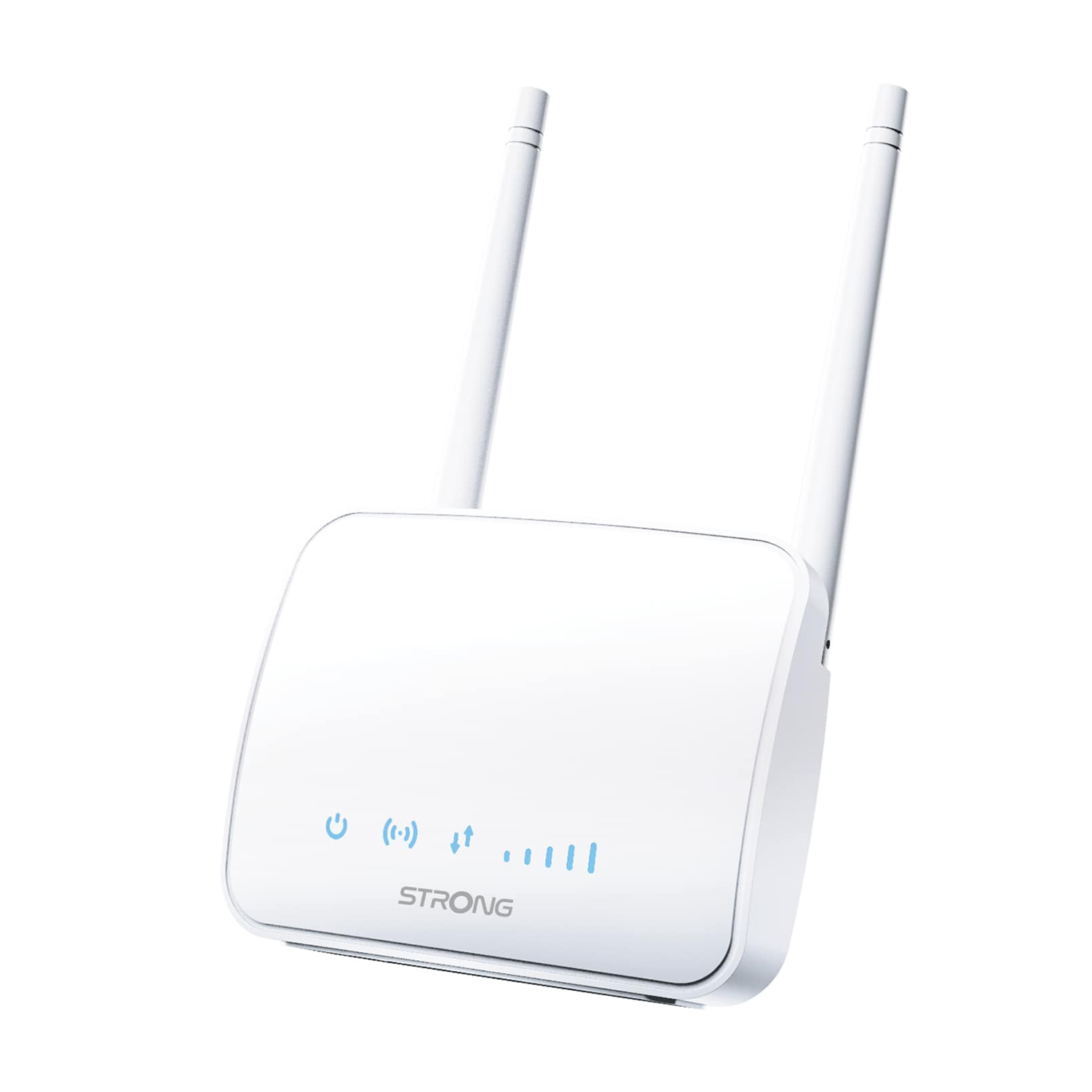 Router Wi-Fi bianco con due antenne e spie luminose, su sfondo bianco. Il testo è Strong.