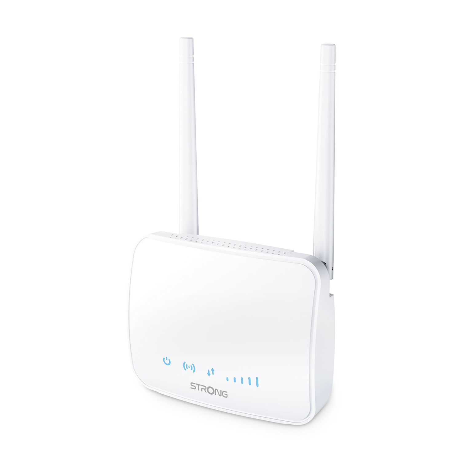 Router bianco con antenne. Su sfondo bianco.