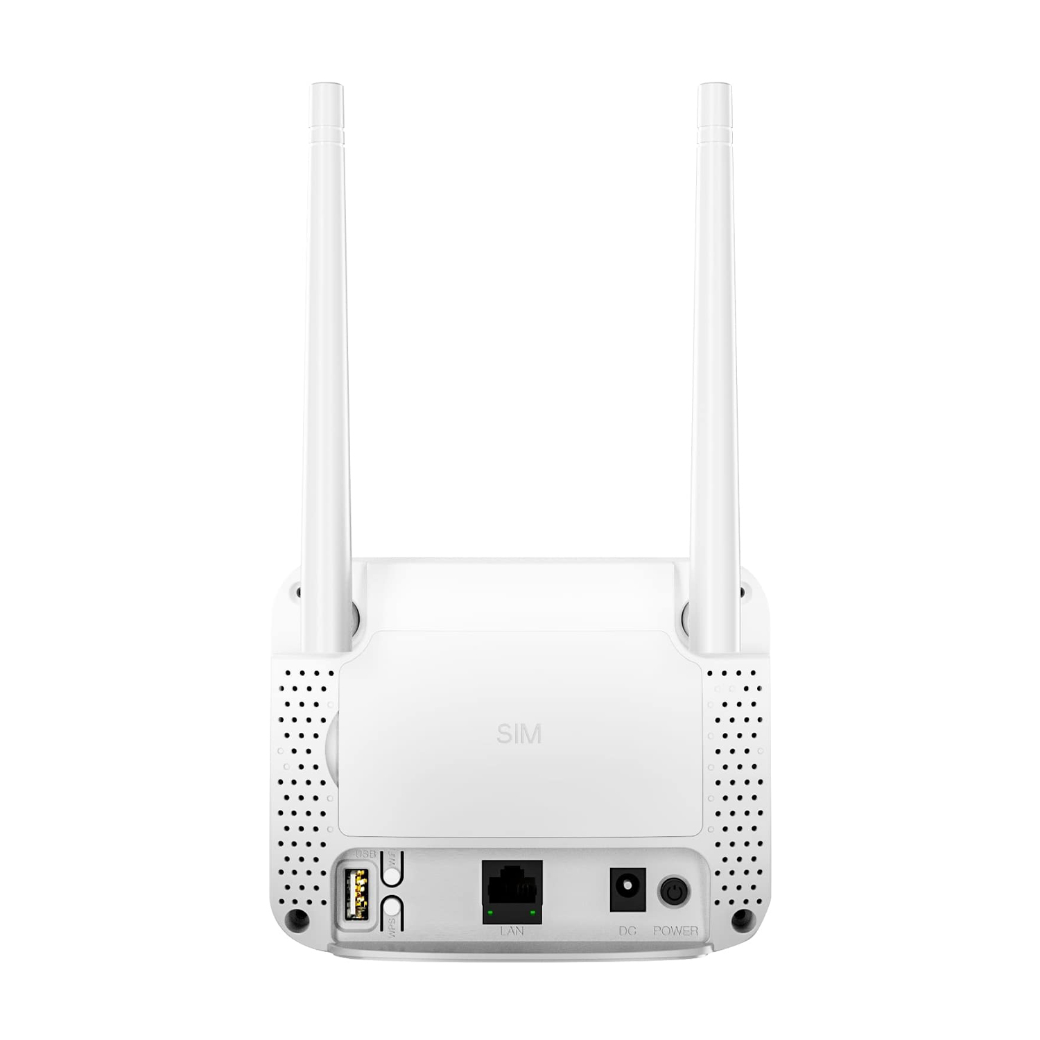 Vista posteriore del router bianco, con antenne e porte.