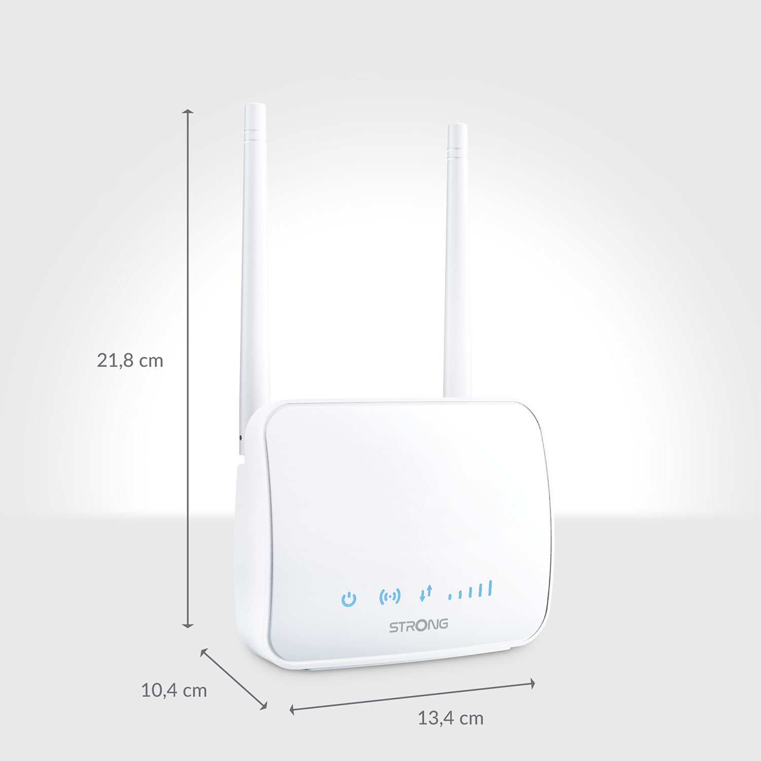 Router bianco con due antenne, dimensioni visualizzate. Il router ha spie di stato e il nome del marchio.