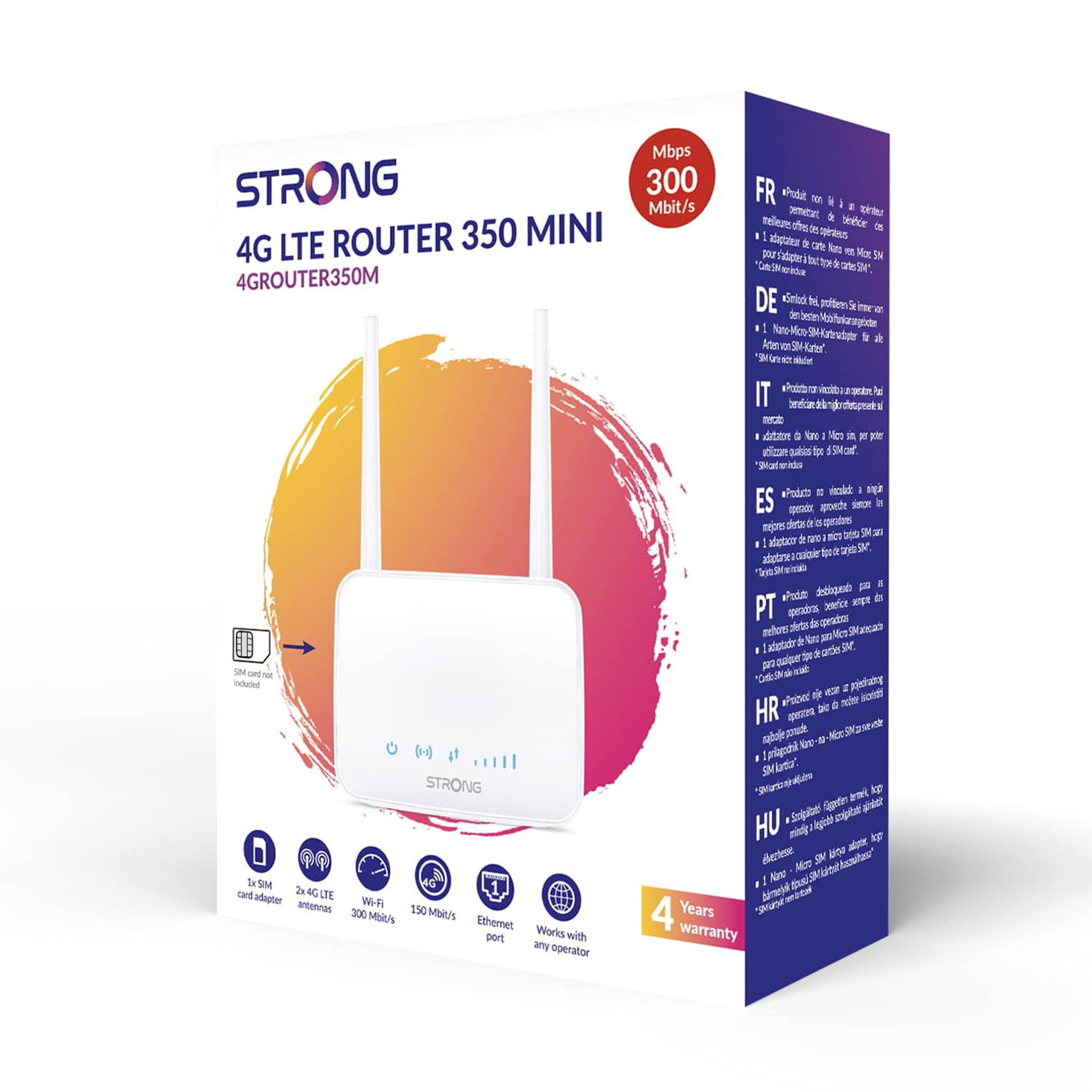 Router bianco con due antenne, il testo dice '4G LTE Router' e '300 Mbit/s'. Sono elencate anche più lingue.
