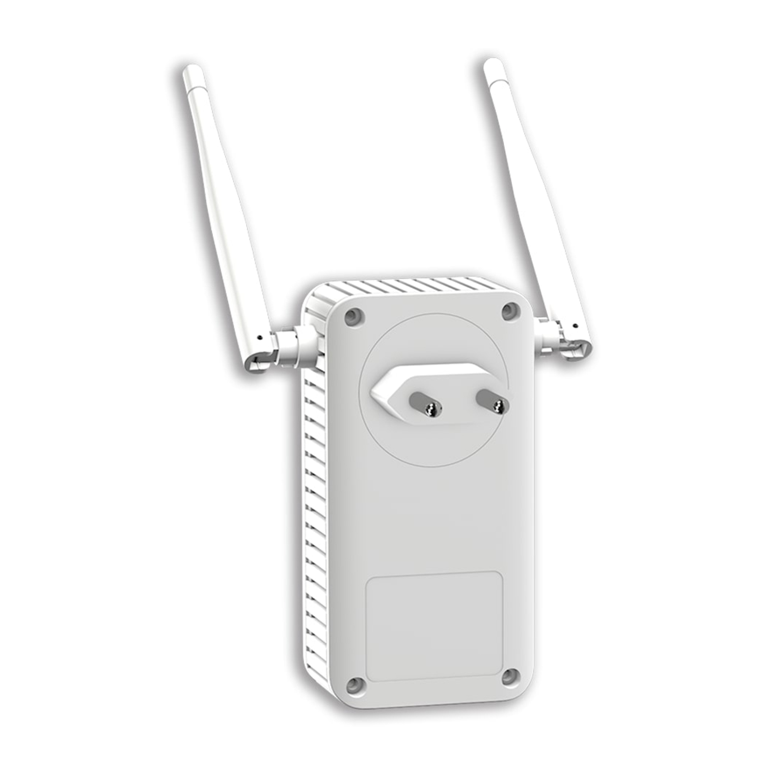 Ripetitore Wi-Fi bianco con due antenne, collegato a una presa a muro.