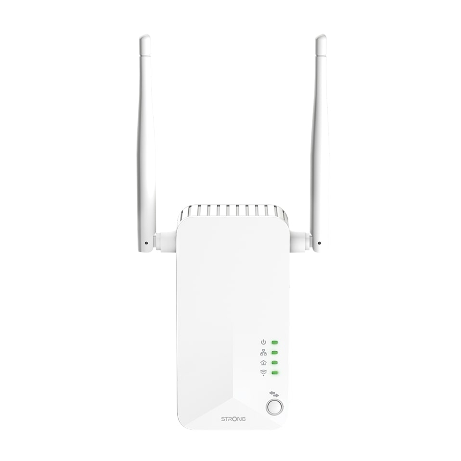 Un ripetitore Wi-Fi bianco con due antenne verticali. Ci sono luci verdi di stato.