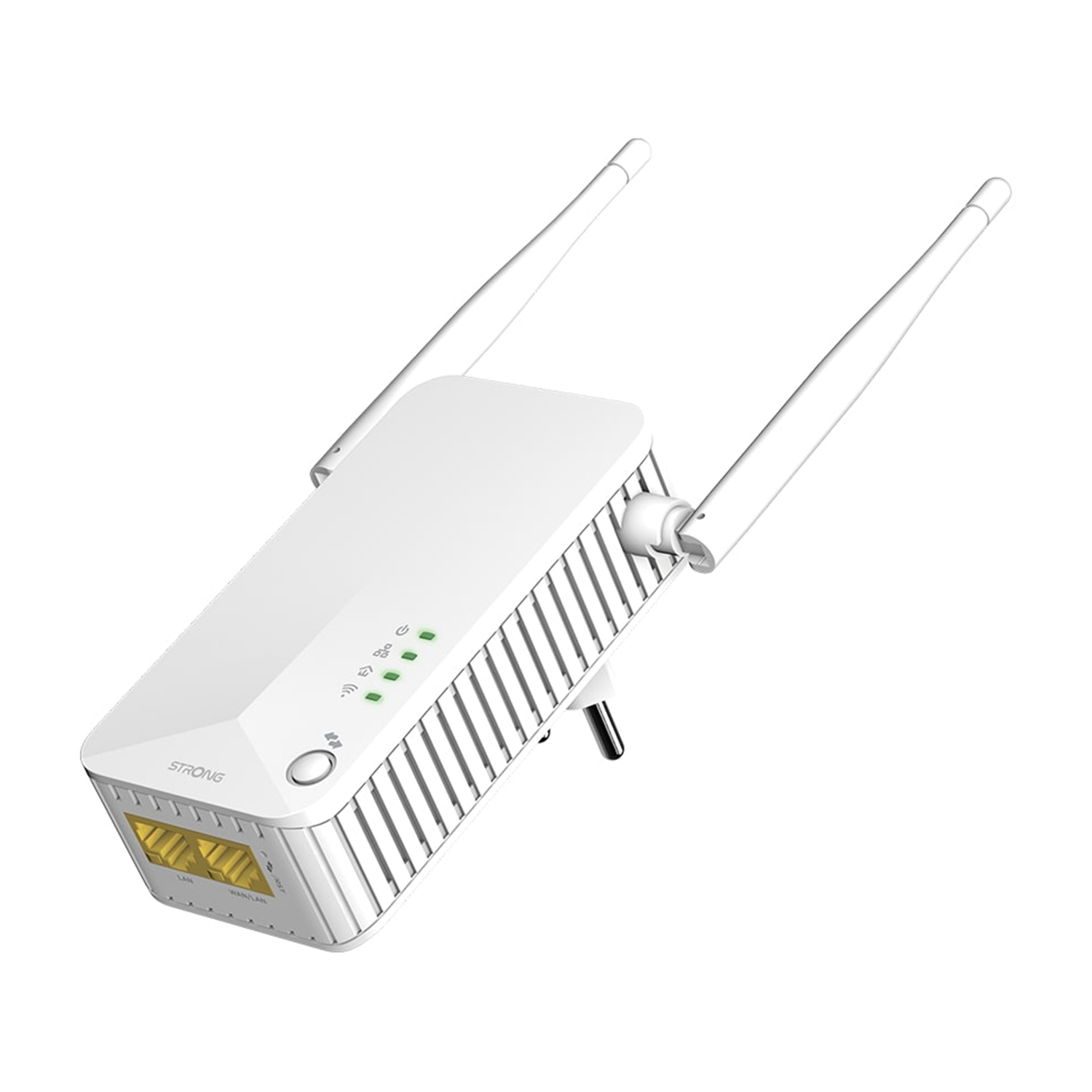 Un extender WiFi Strong bianco con due antenne.