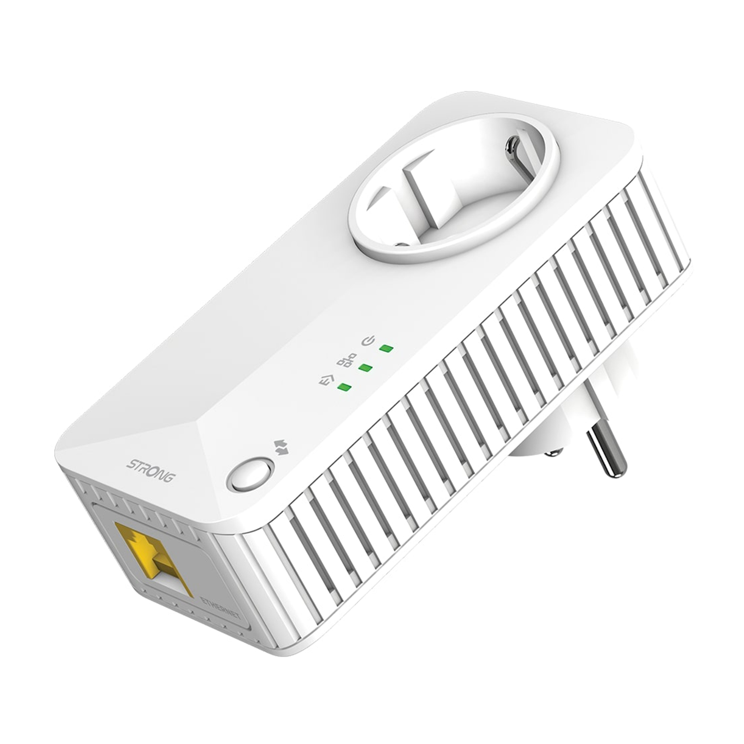 Adattatore powerline bianco, spina in alto, porta ethernet in basso, su sfondo bianco.