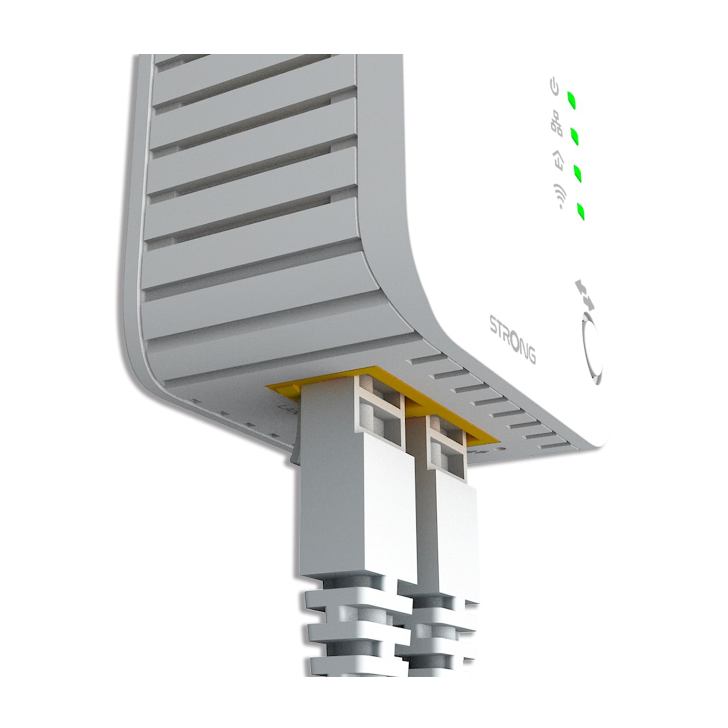 Extender di rete bianco e grigio con due cavi Ethernet grigi collegati. Le luci LED verdi sono accese.