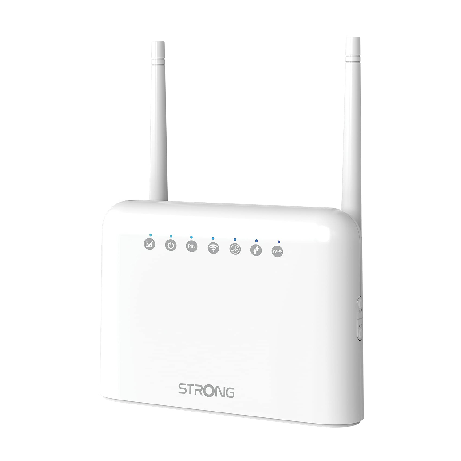 Un router bianco con due antenne e spie luminose sul davanti.