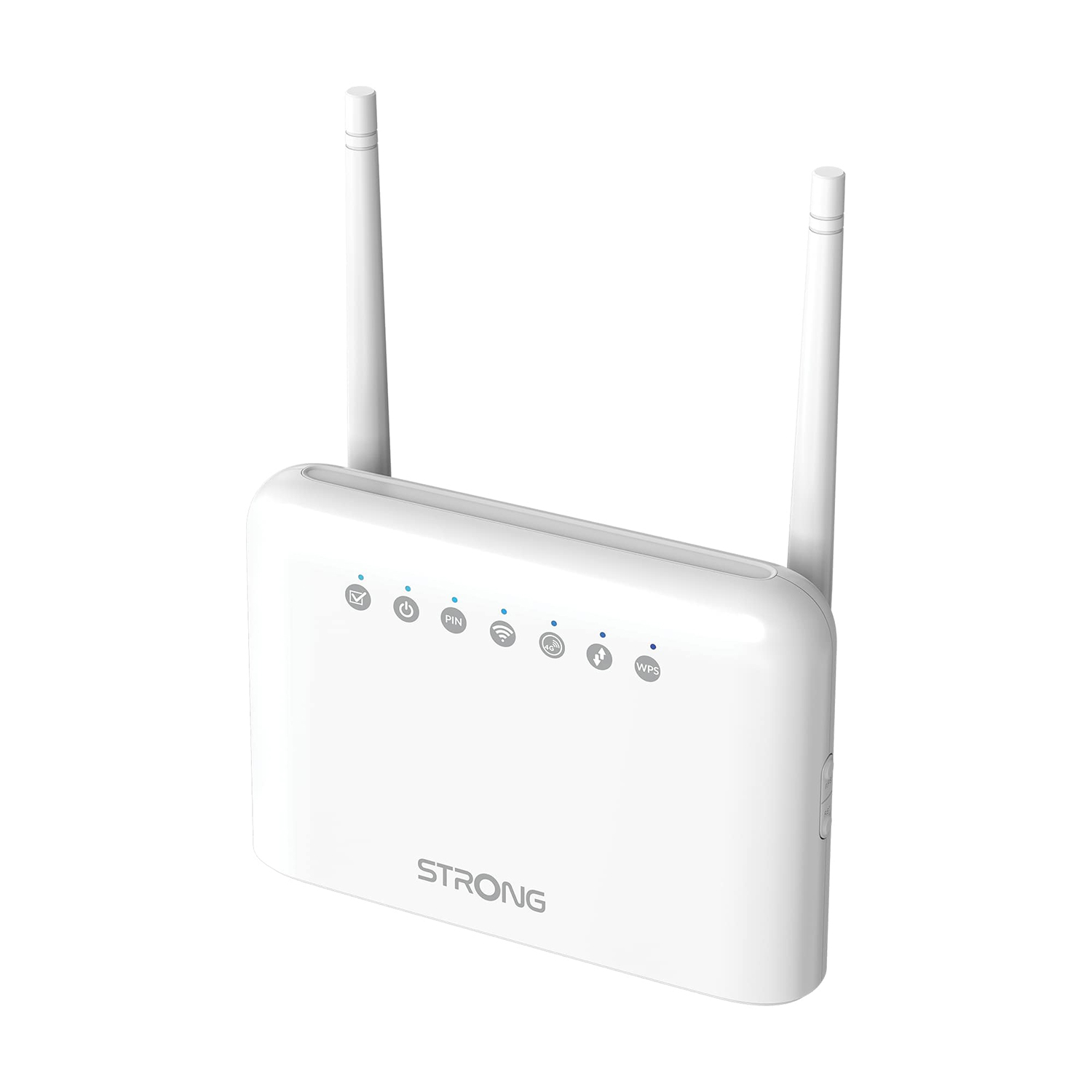Un router bianco con due antenne e diverse spie. Il marchio è STRONG.