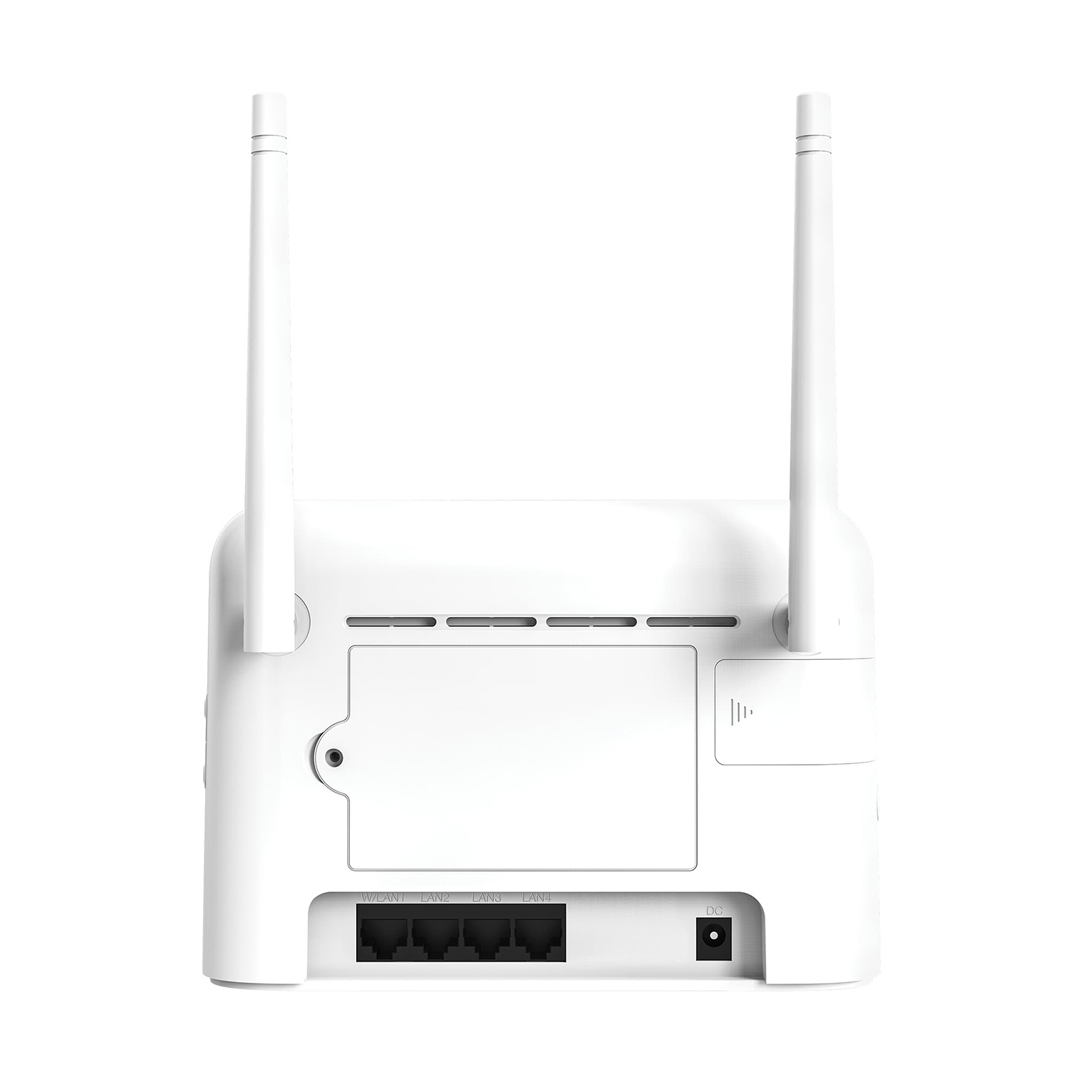 Router bianco da dietro con due antenne, quattro porte LAN e una porta CC.