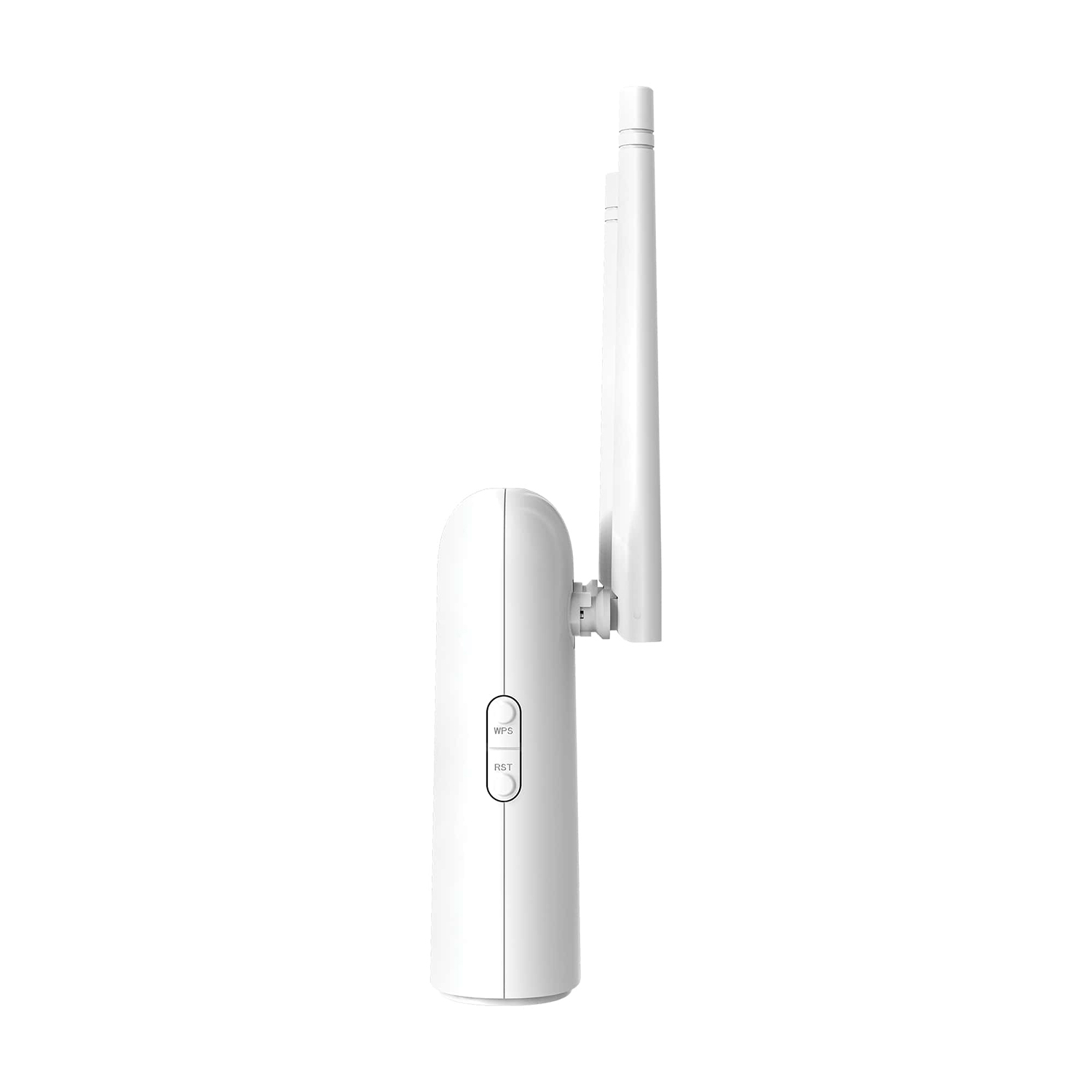 Dispositivo di rete bianco con due antenne, pulsanti e un design curvo, su sfondo bianco.