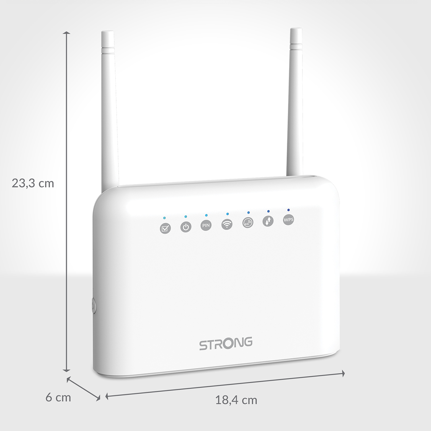 Router bianco con due antenne, con dimensioni: 23,3 cm, 6 cm, 18,4 cm.