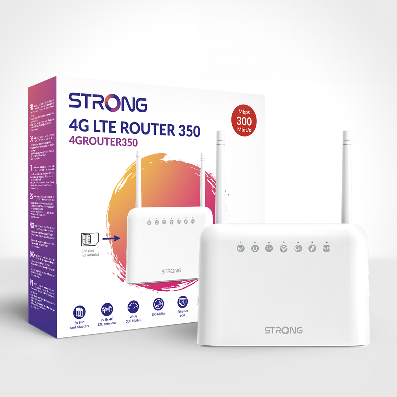 Un router bianco con due antenne. La scatola ha il marchio STRONG e le parole '4G LTE Router'.