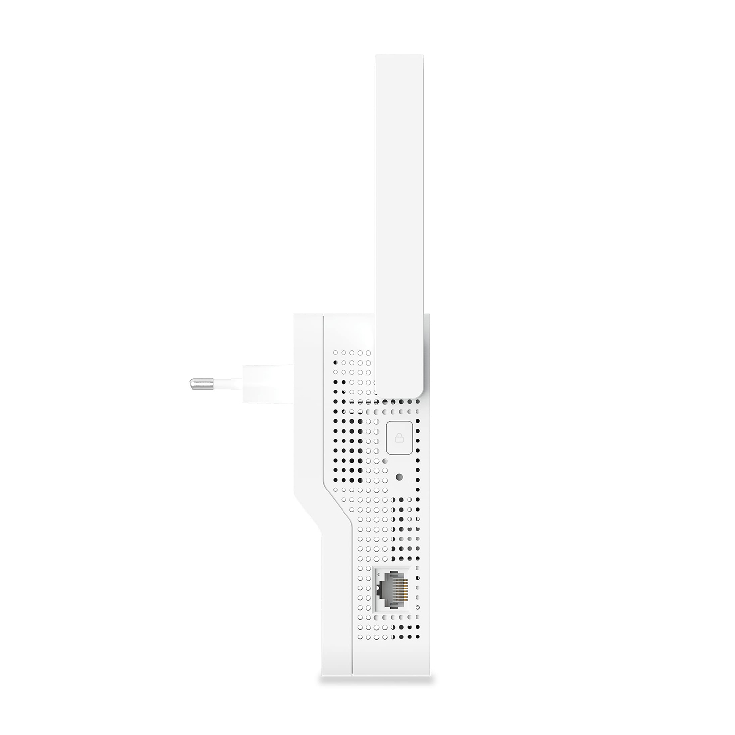 Ripetitore Wi-Fi bianco collegato. Ha antenne e un connettore.