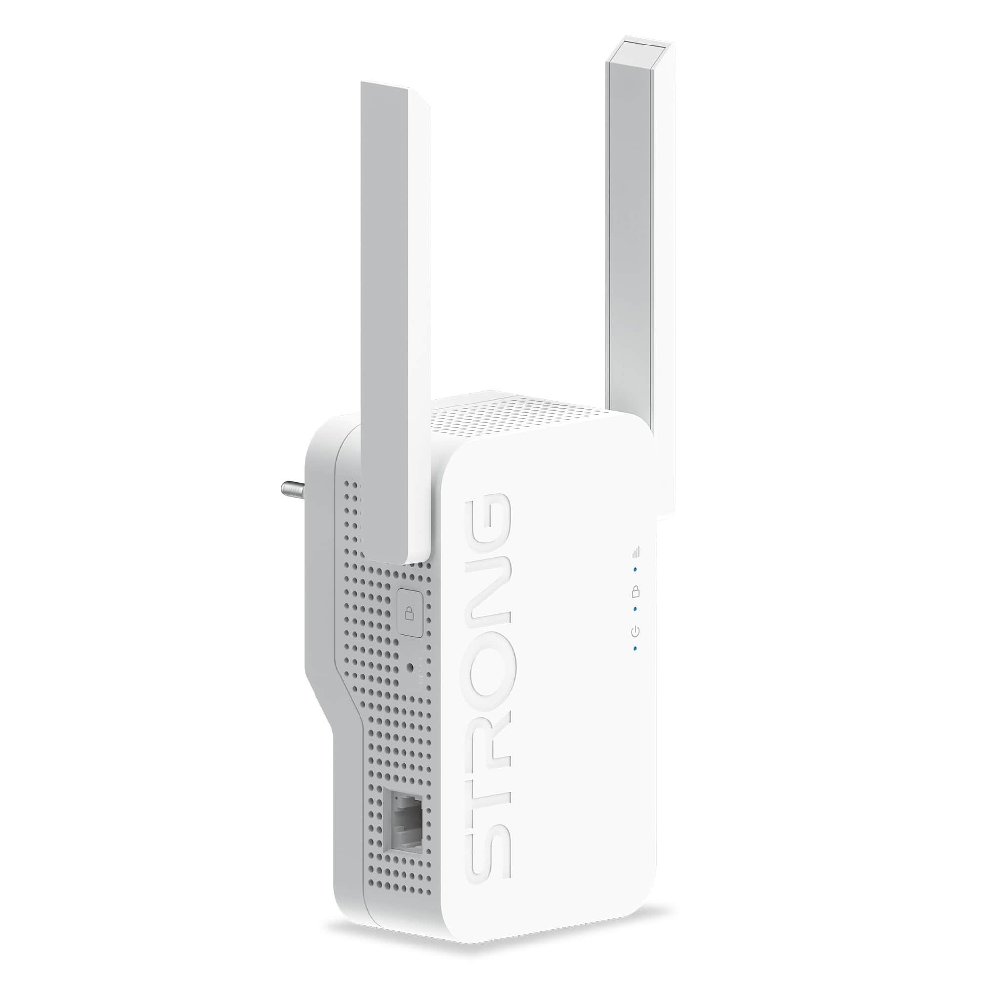 Ripetitore WiFi bianco con due antenne e spina.