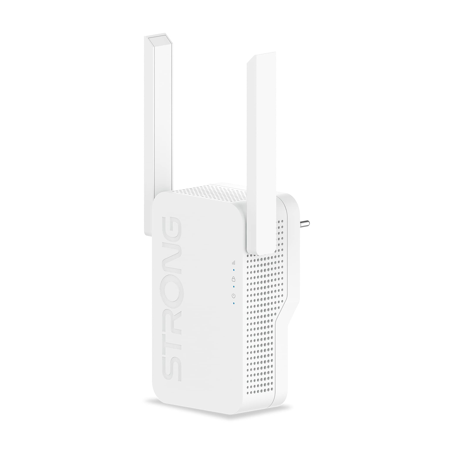 Extender WiFi bianco collegato al muro. Sfondo bianco.