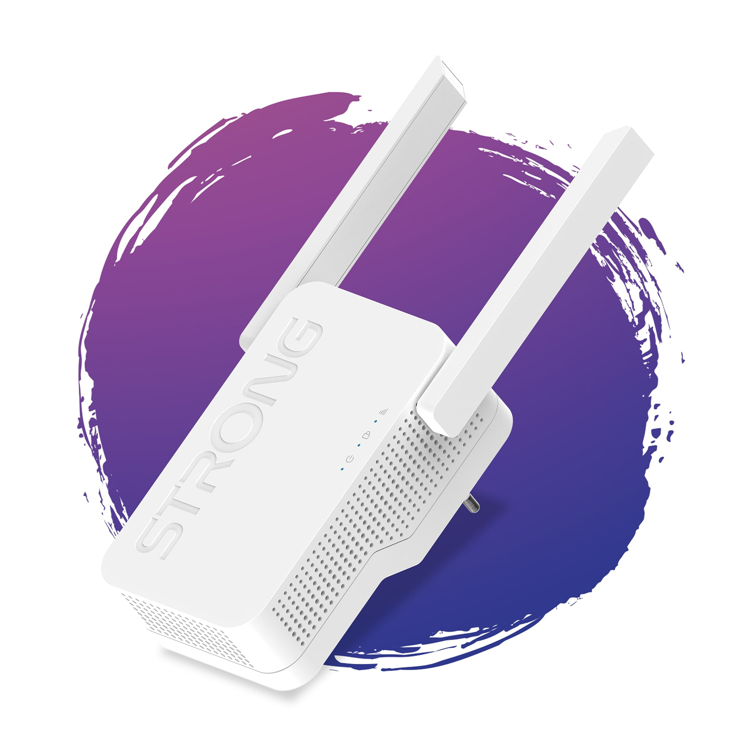 Ripetitore WiFi bianco con due antenne su un gradiente viola-blu.