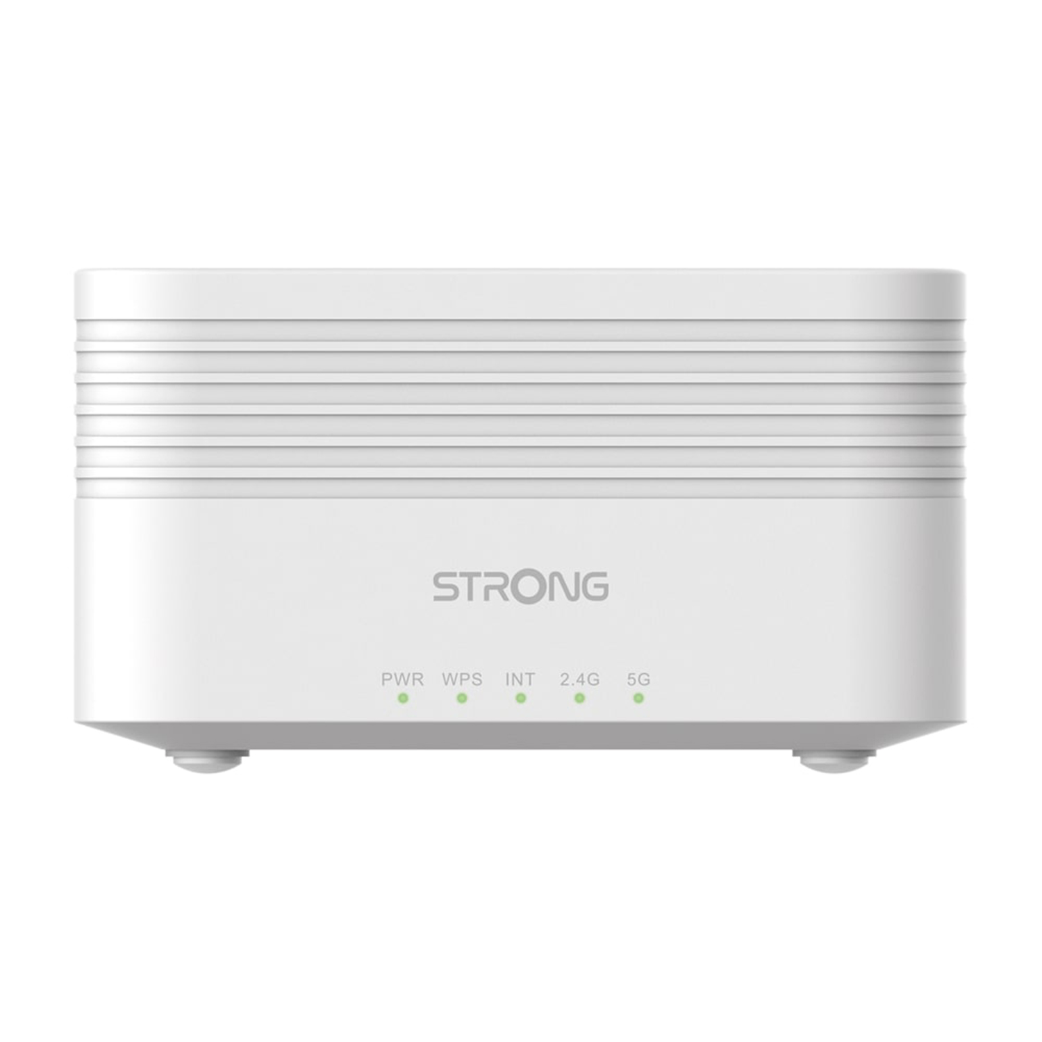 Un router bianco con la scritta "STRONG" e spie luminose sulla parte anteriore.