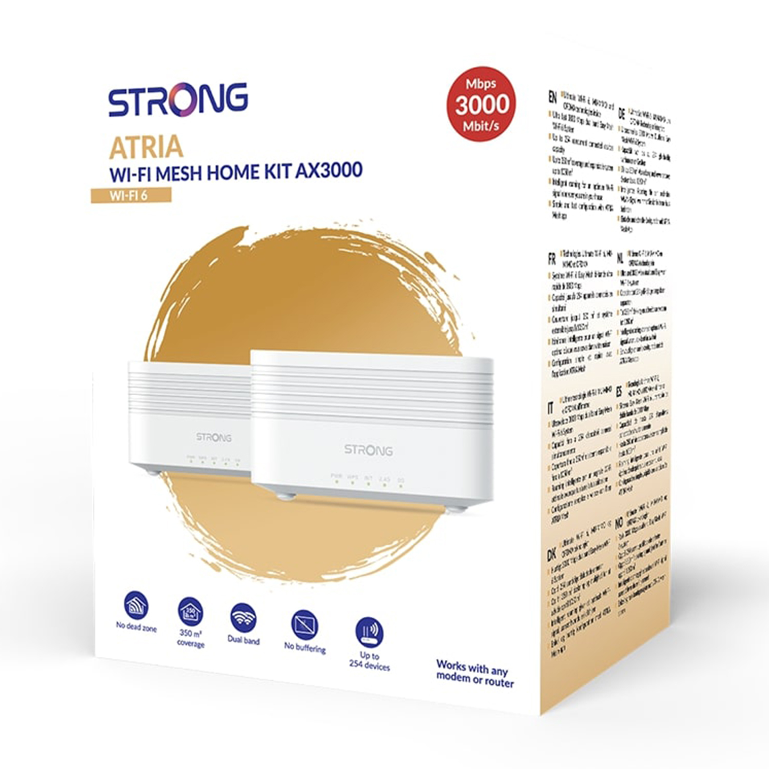 Una scatola con un kit mesh Wi-Fi sul davanti con testo multilingue.