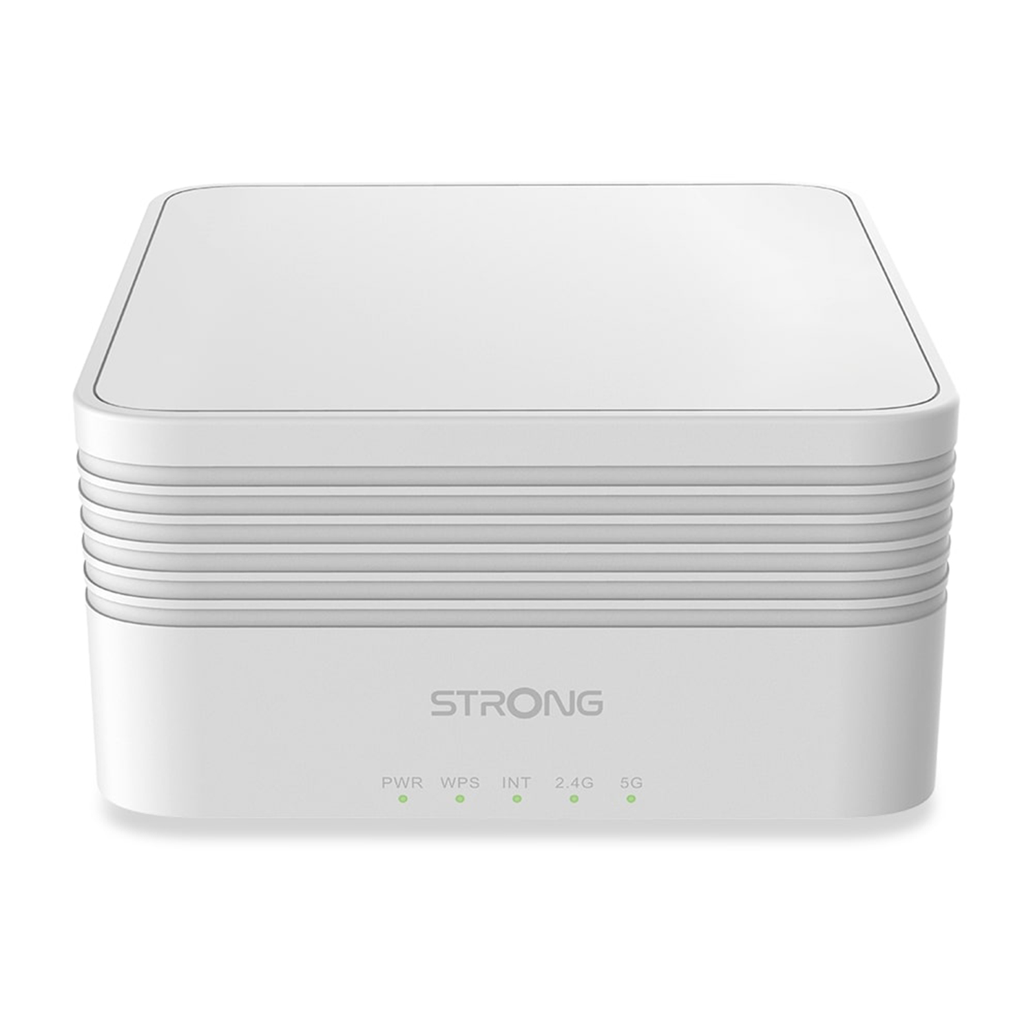 Router STRONG bianco quadrato con spie di alimentazione e connettività.