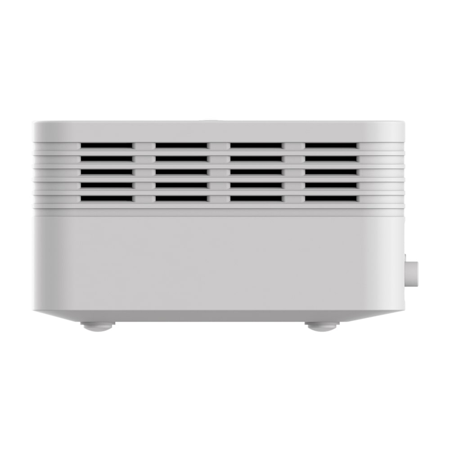 Dispositivo bianco con prese d'aria. Il dispositivo ha una forma rettangolare e si trova su sfondo bianco.