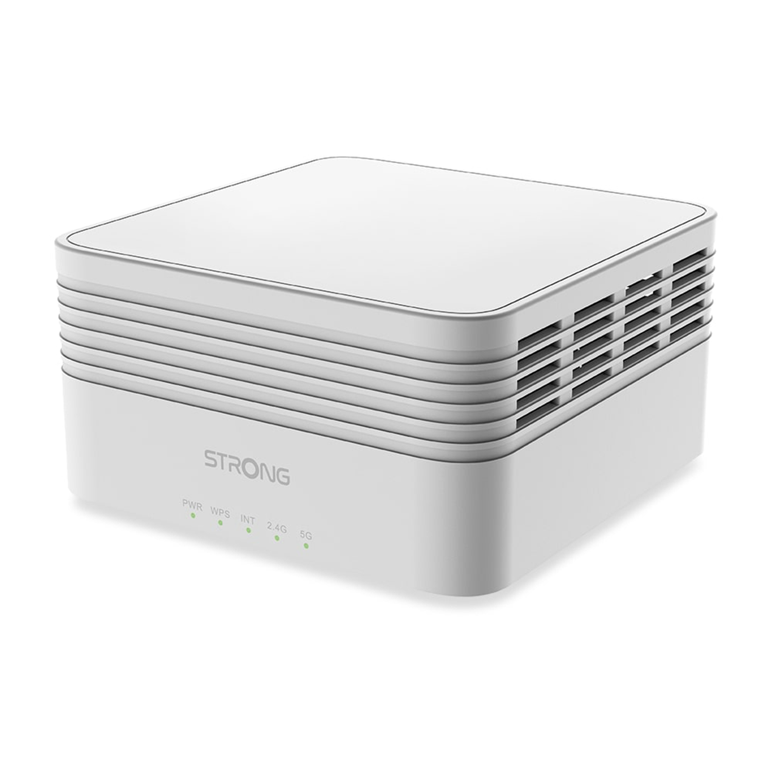 Router bianco con la scritta STRONG sopra. Spie verdi.
