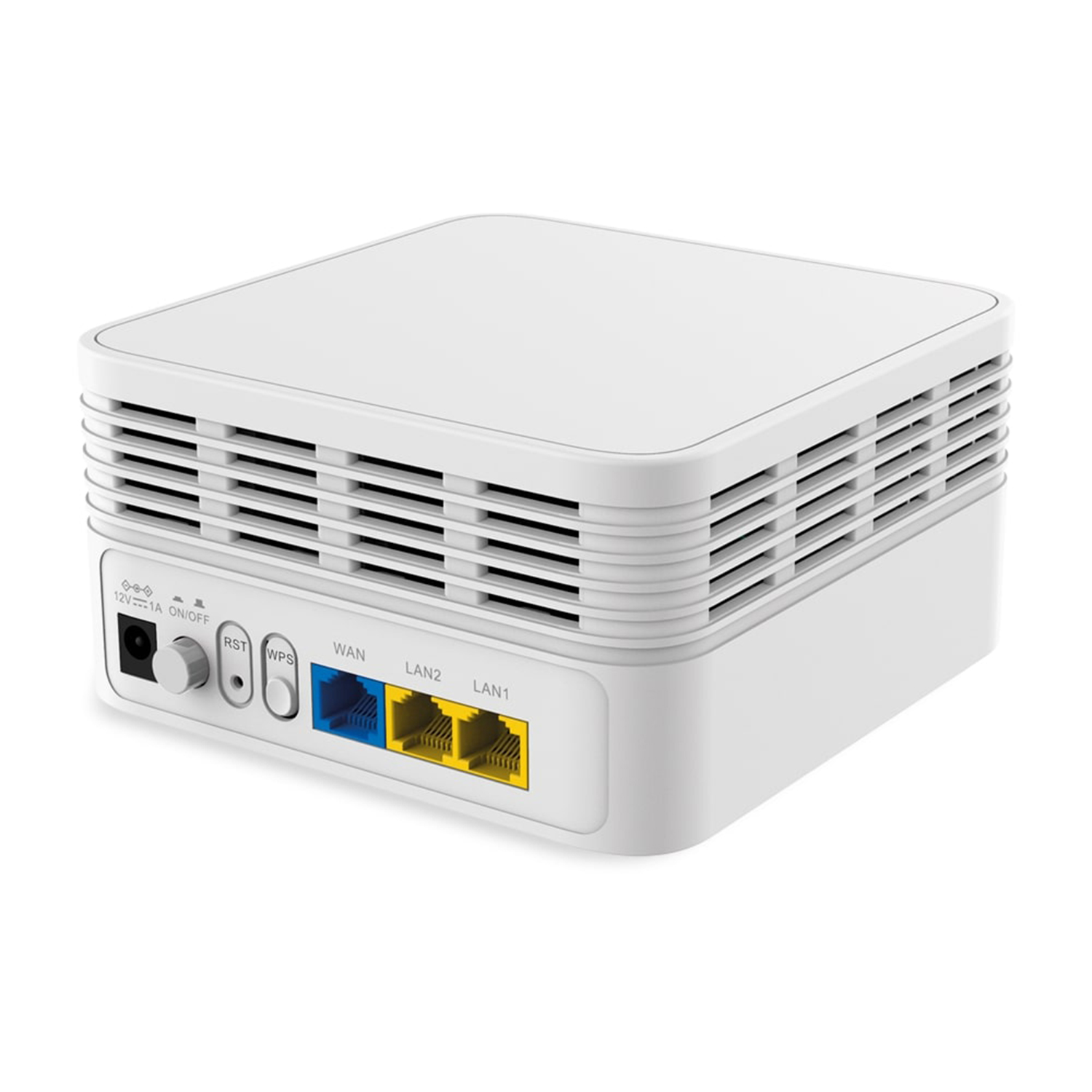 Router bianco con porte frontali. Etichettato: WAN, LAN2, LAN1. Pulsanti: RST, WPS. Accensione/spegnimento.