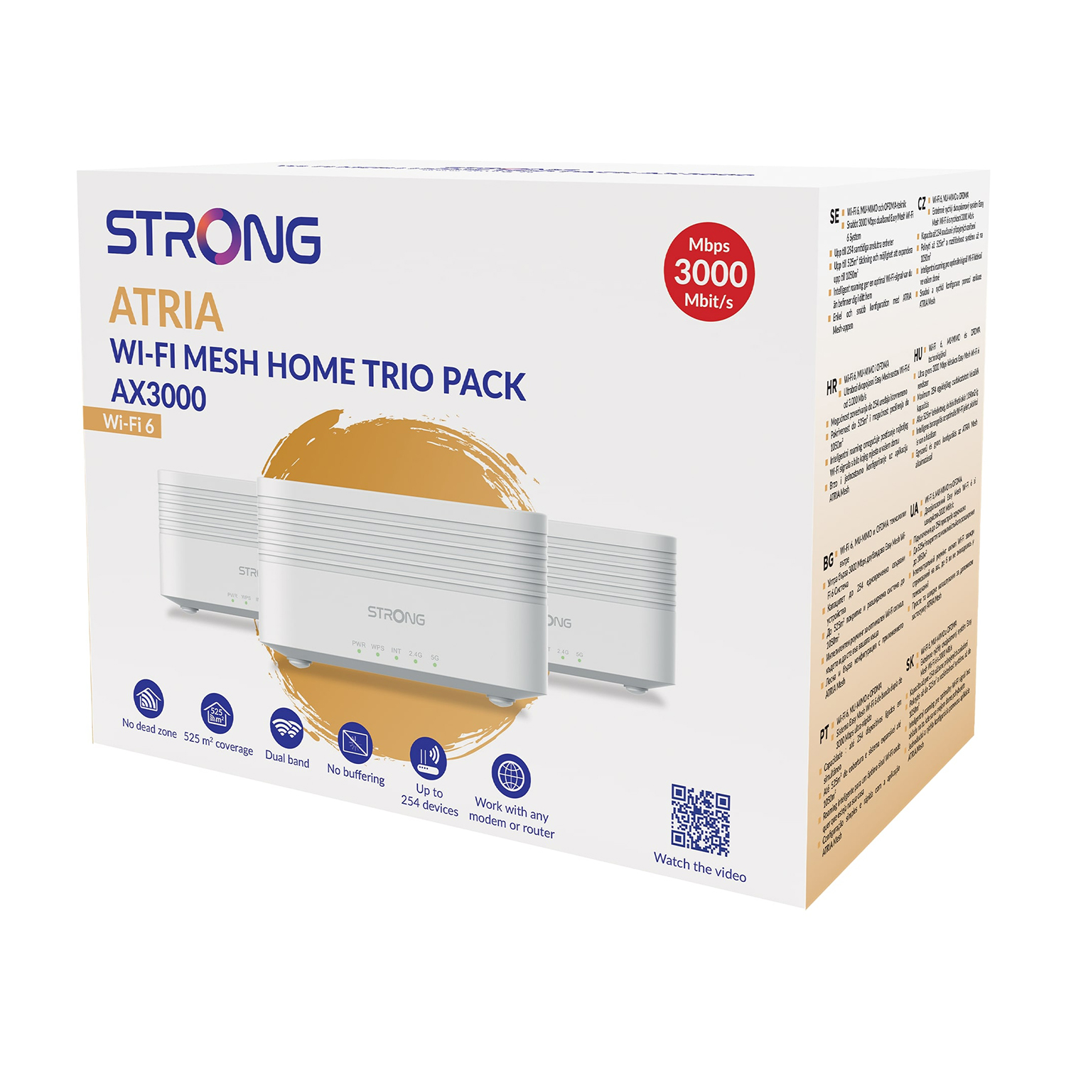 Scatola con pacchetto trio mesh domestico WiFi. Include tre dispositivi bianchi, marchio: STRONG, ATIRA, AX3000.